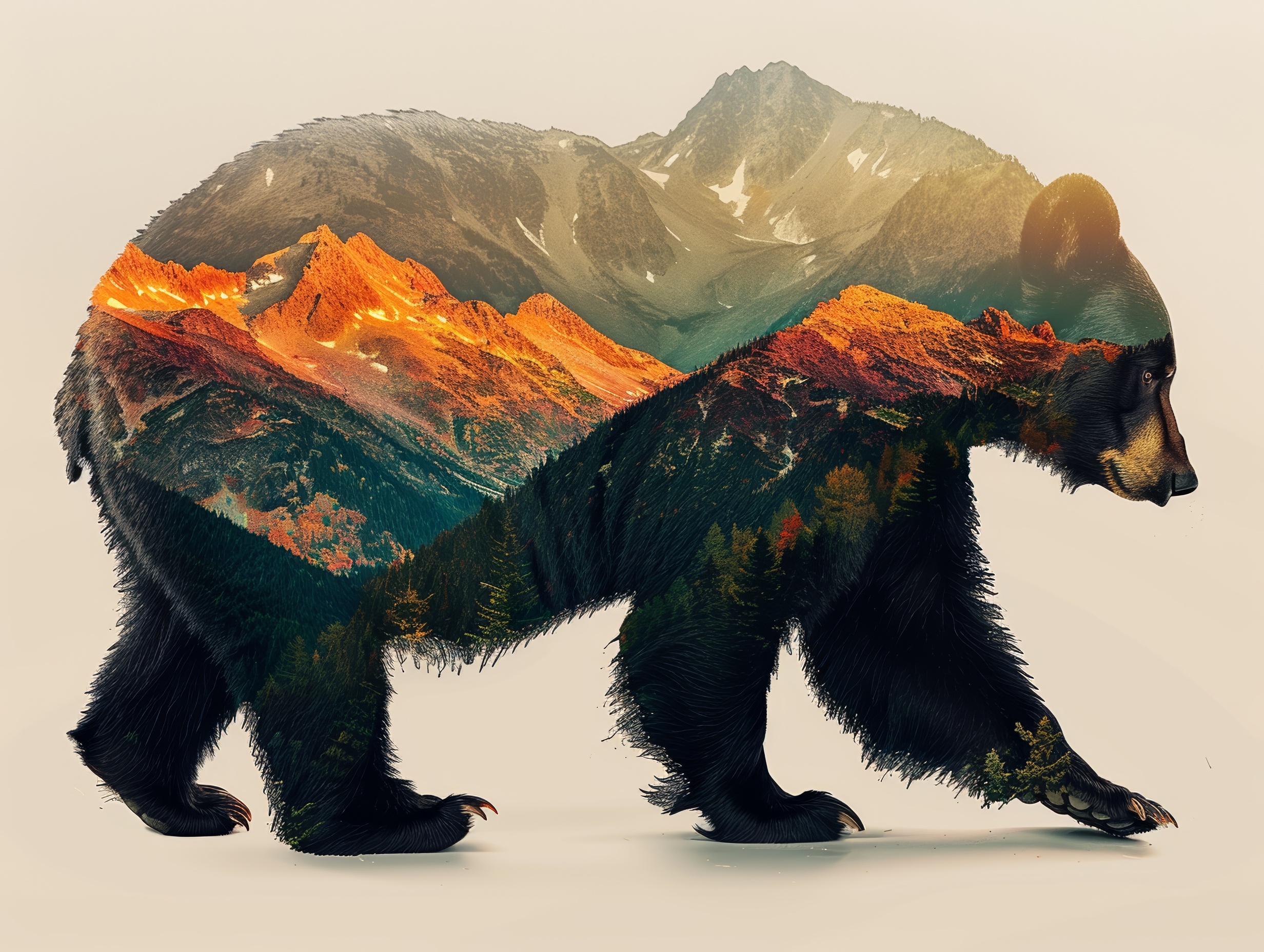 Brown bear double exposure with mountains