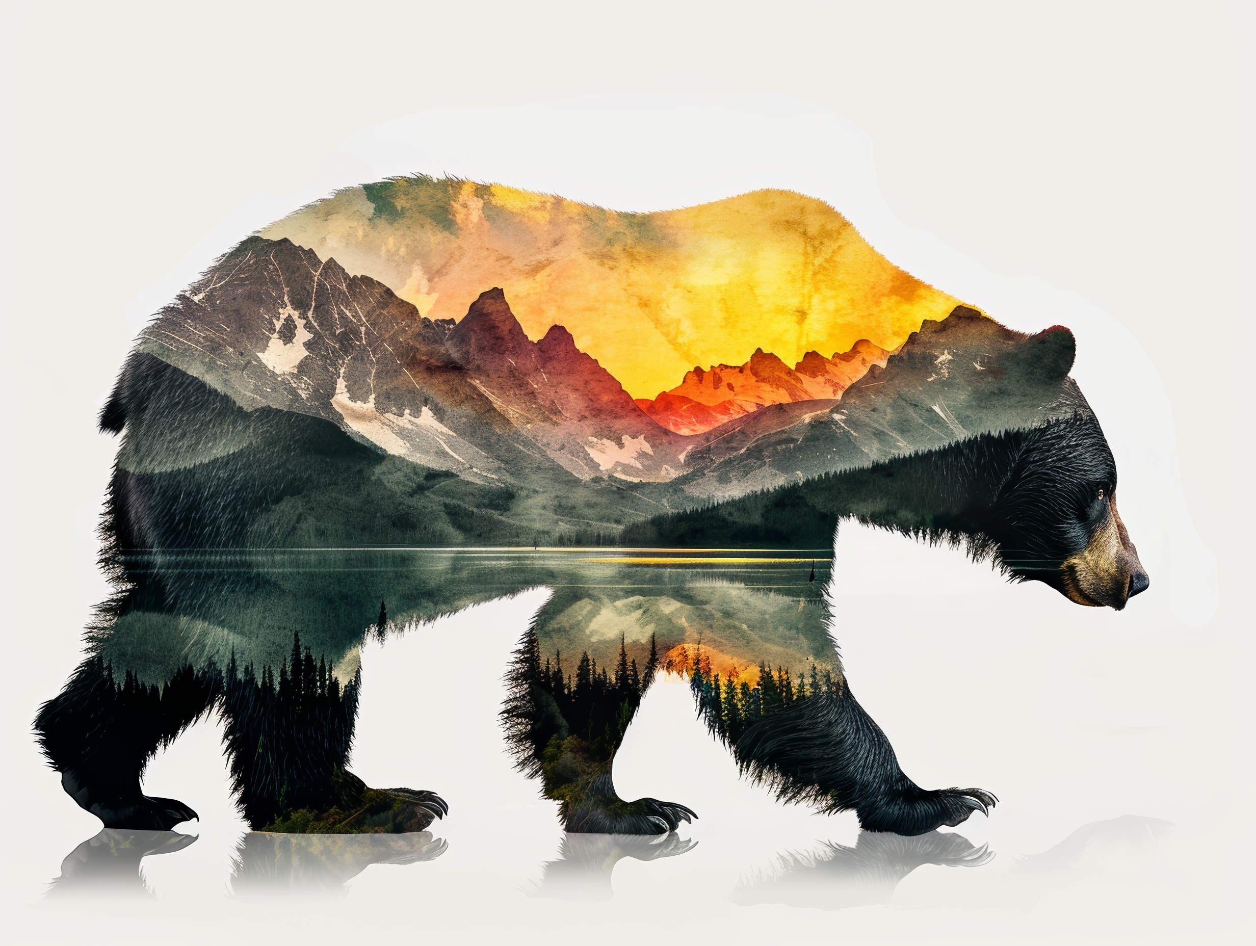 Brown bear double exposure with mountains