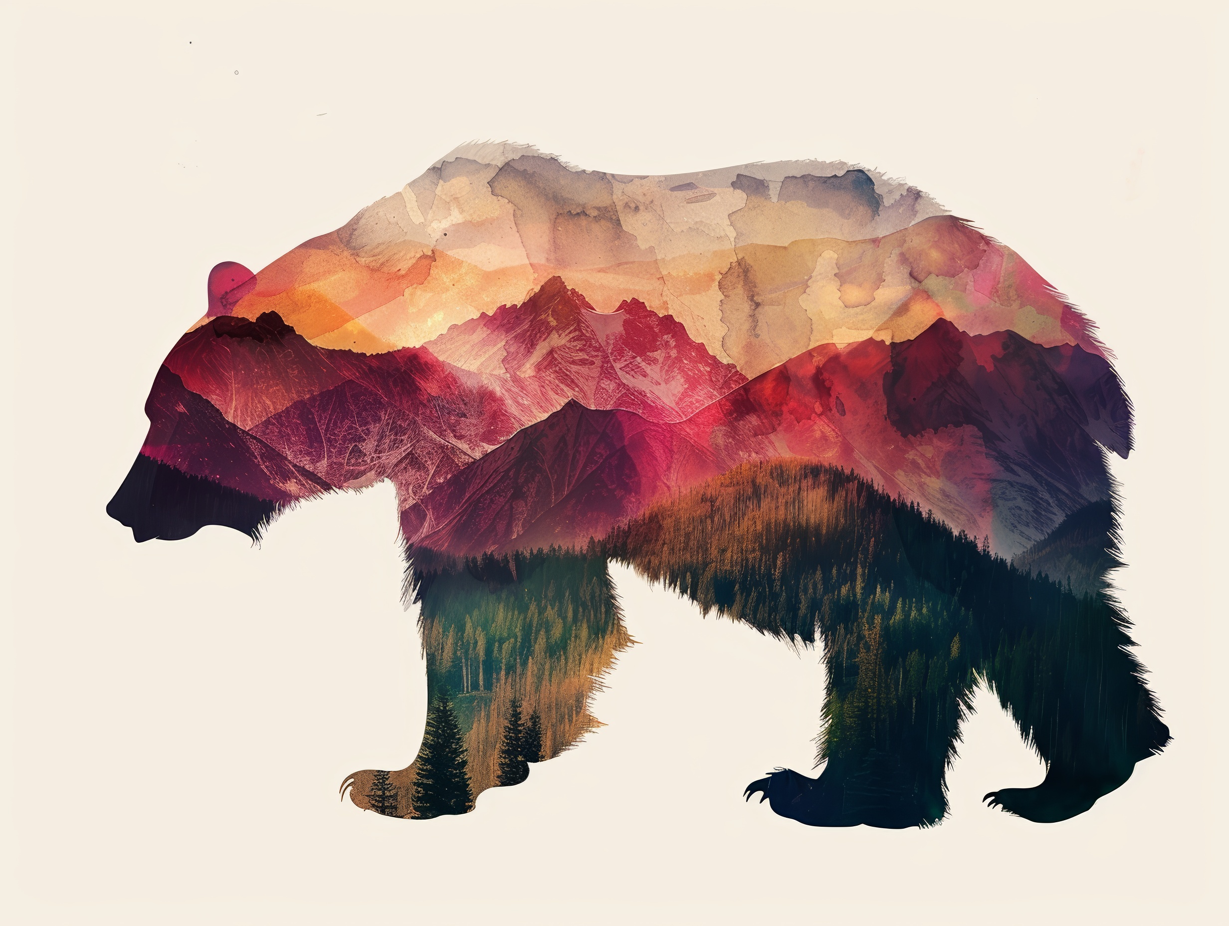 Brown bear double exposure with mountains