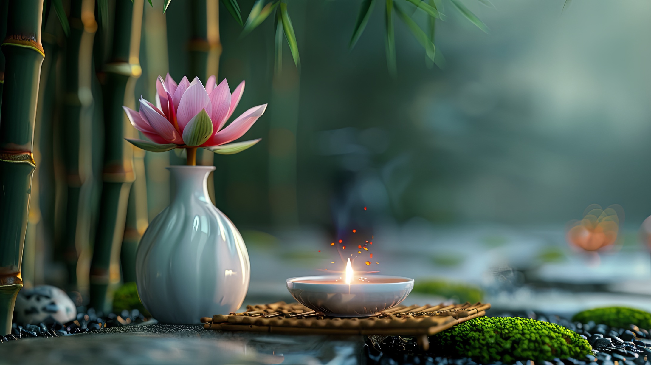 Burning candle with bamboo and waterlily