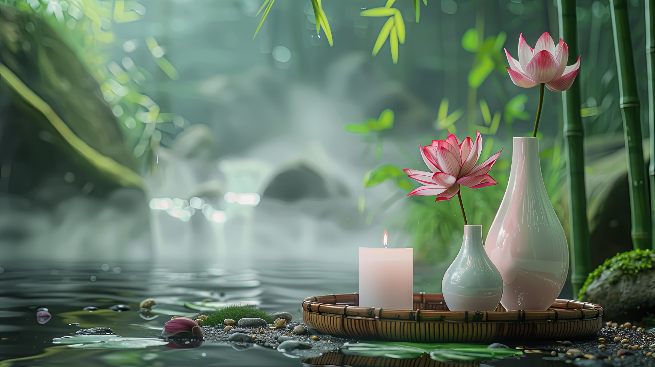 Burning candle with bamboo and waterlily