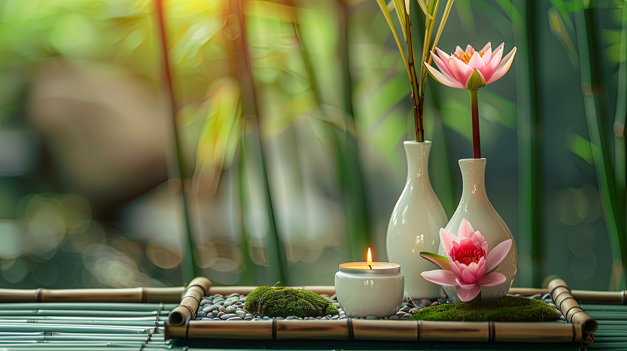 Burning candle with bamboo and waterlily