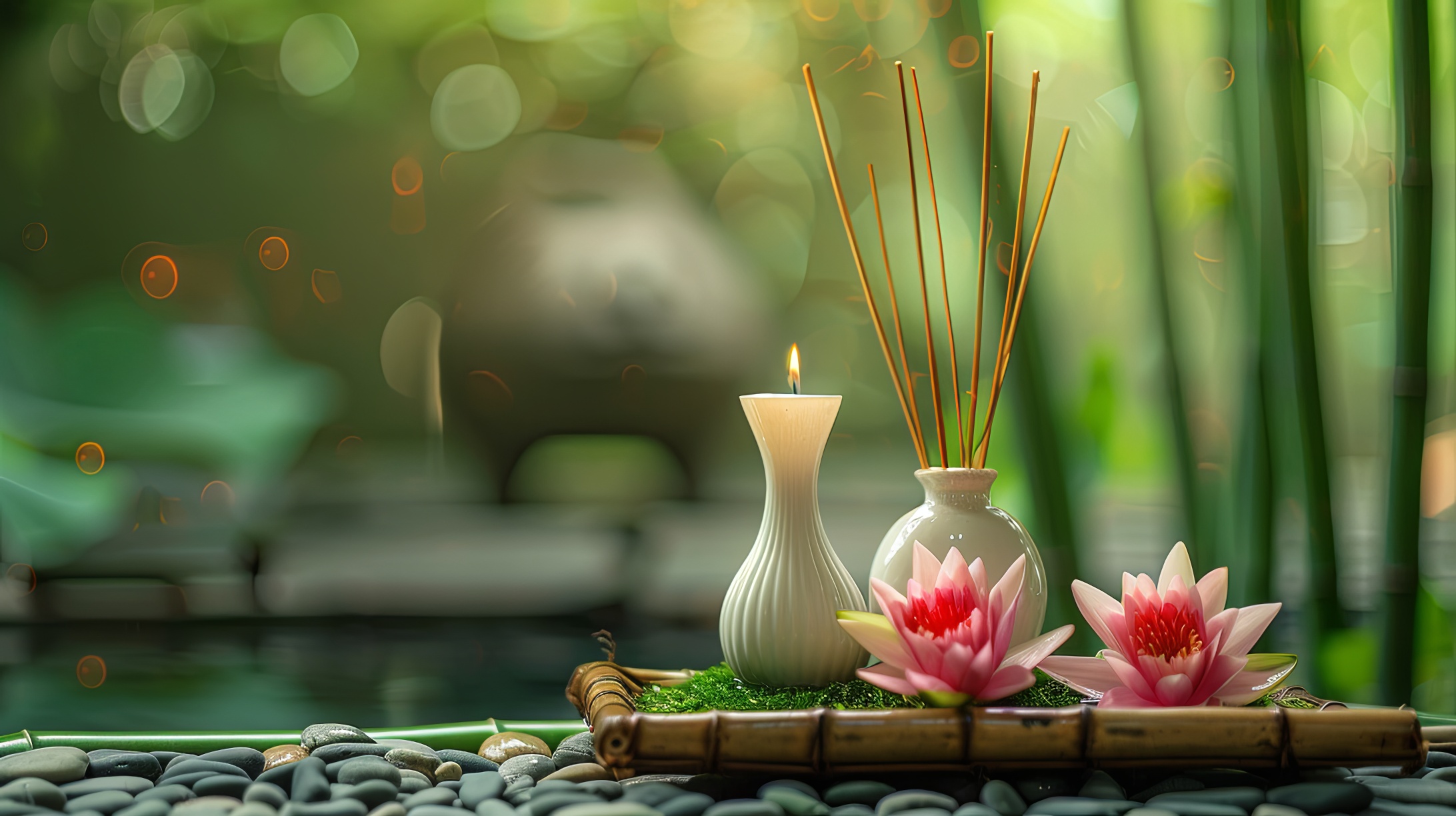 Burning candle with bamboo and waterlily