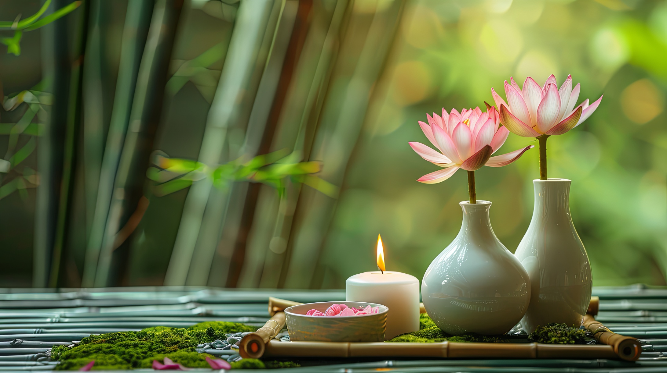 Burning candle with bamboo and waterlily