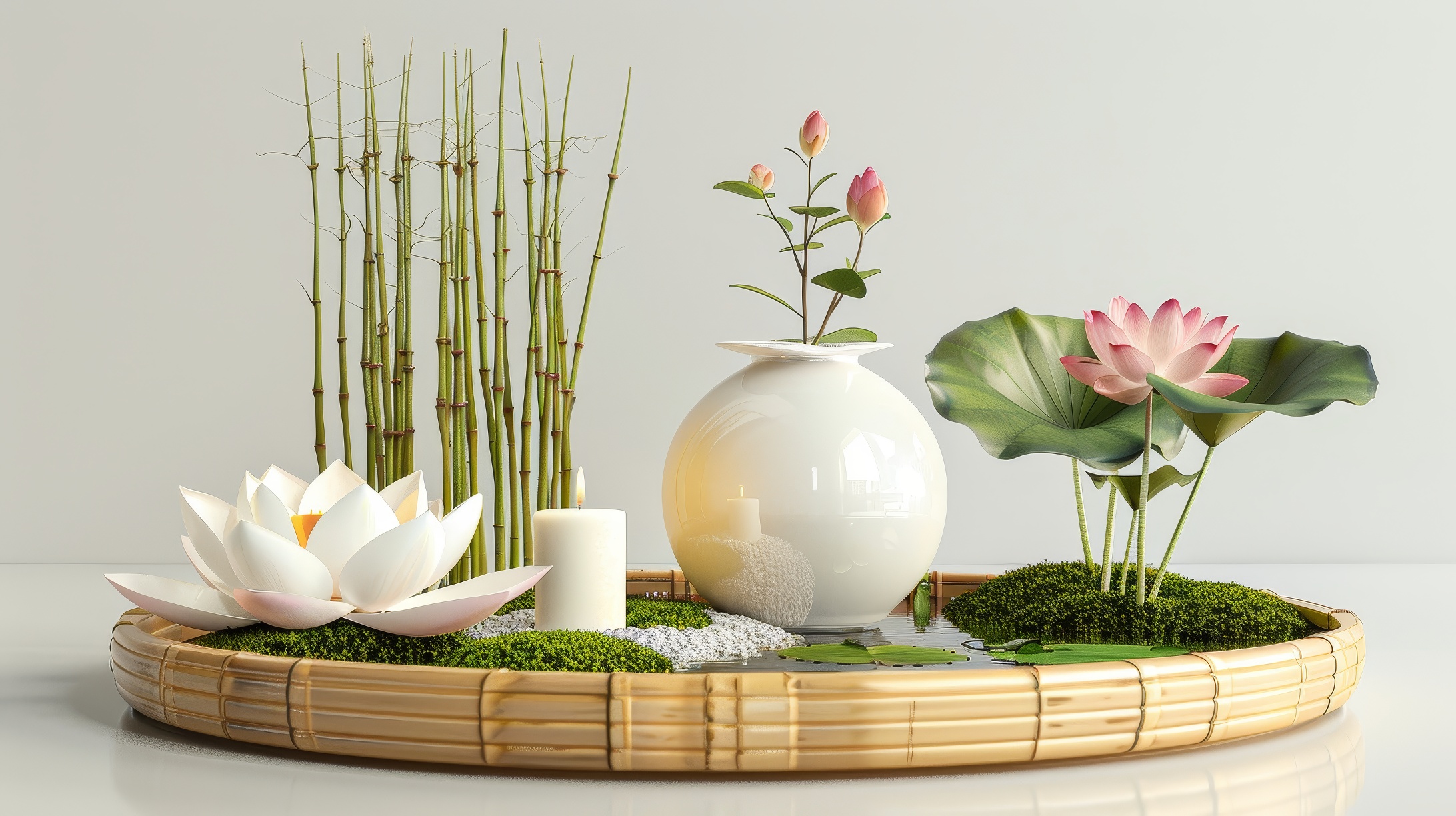 Burning candle with waterlily, bamboo and lotus