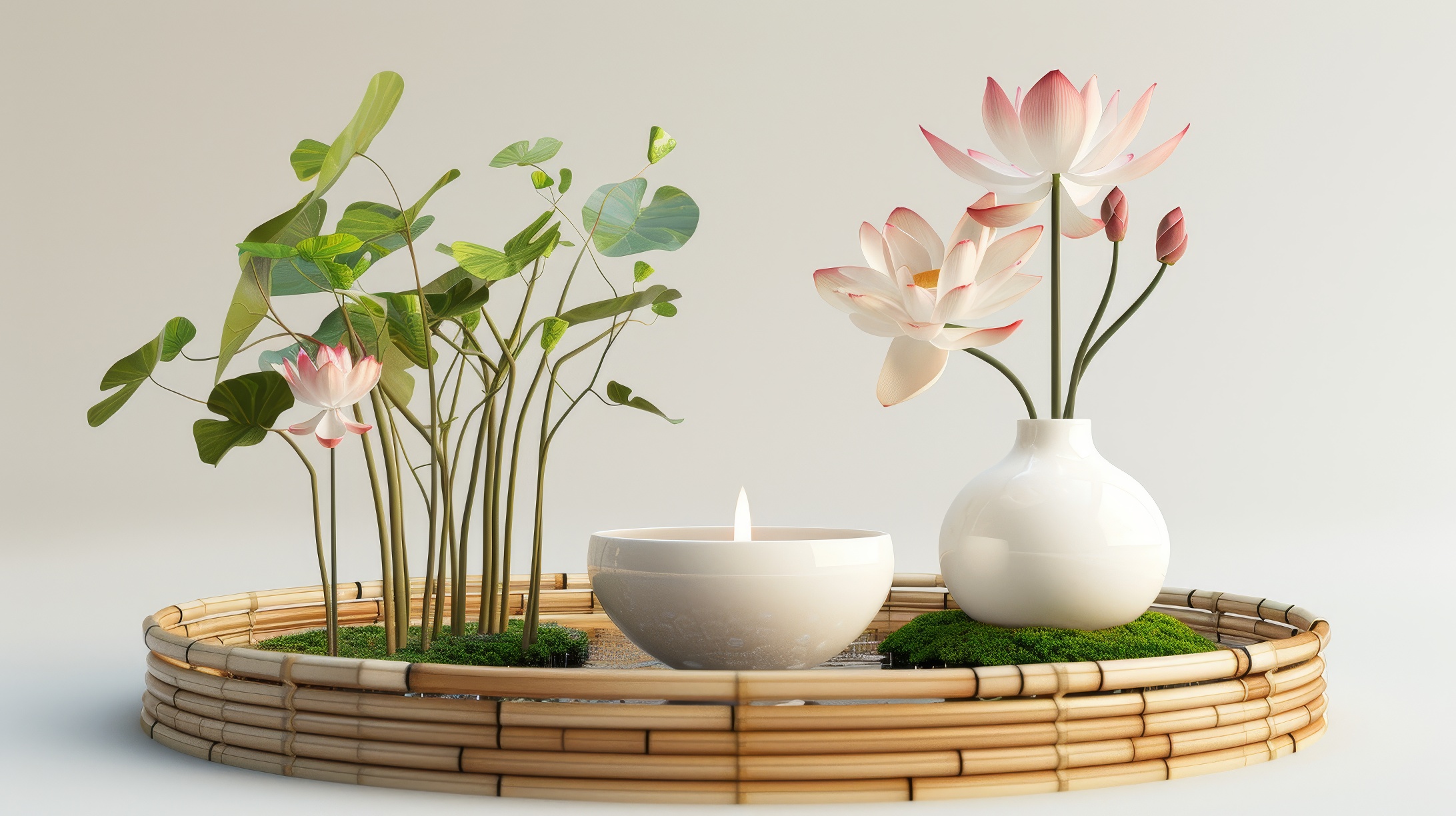 Burning candle with waterlily, bamboo and lotus