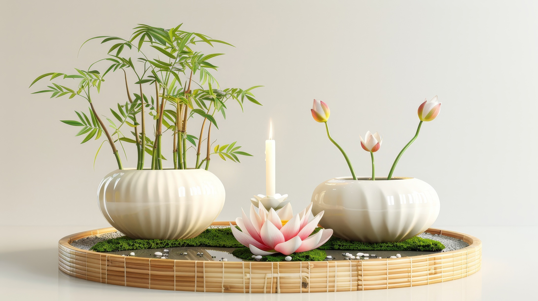 Burning candle with waterlily, bamboo and lotus