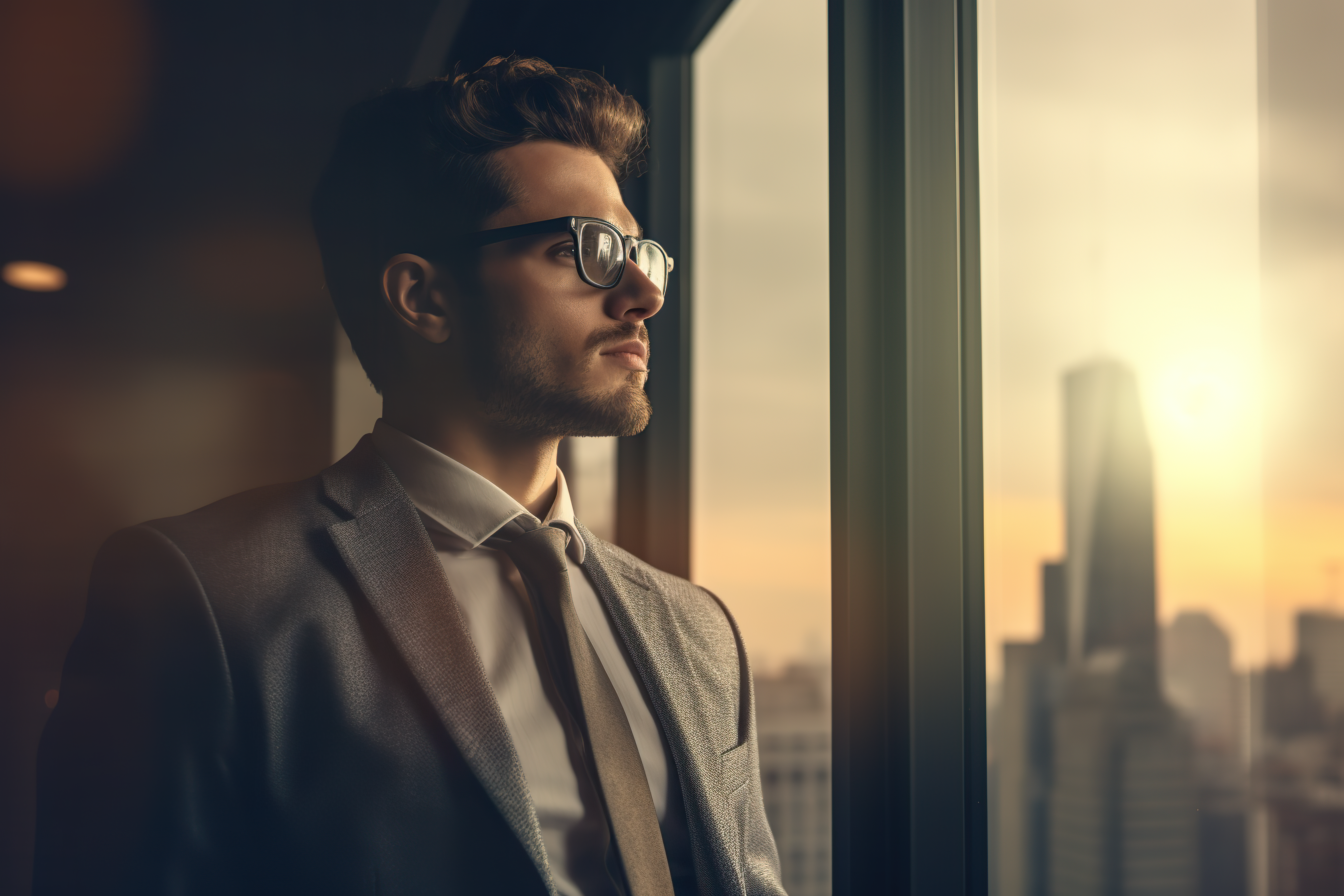 Businnessman standing and looking outside of the window