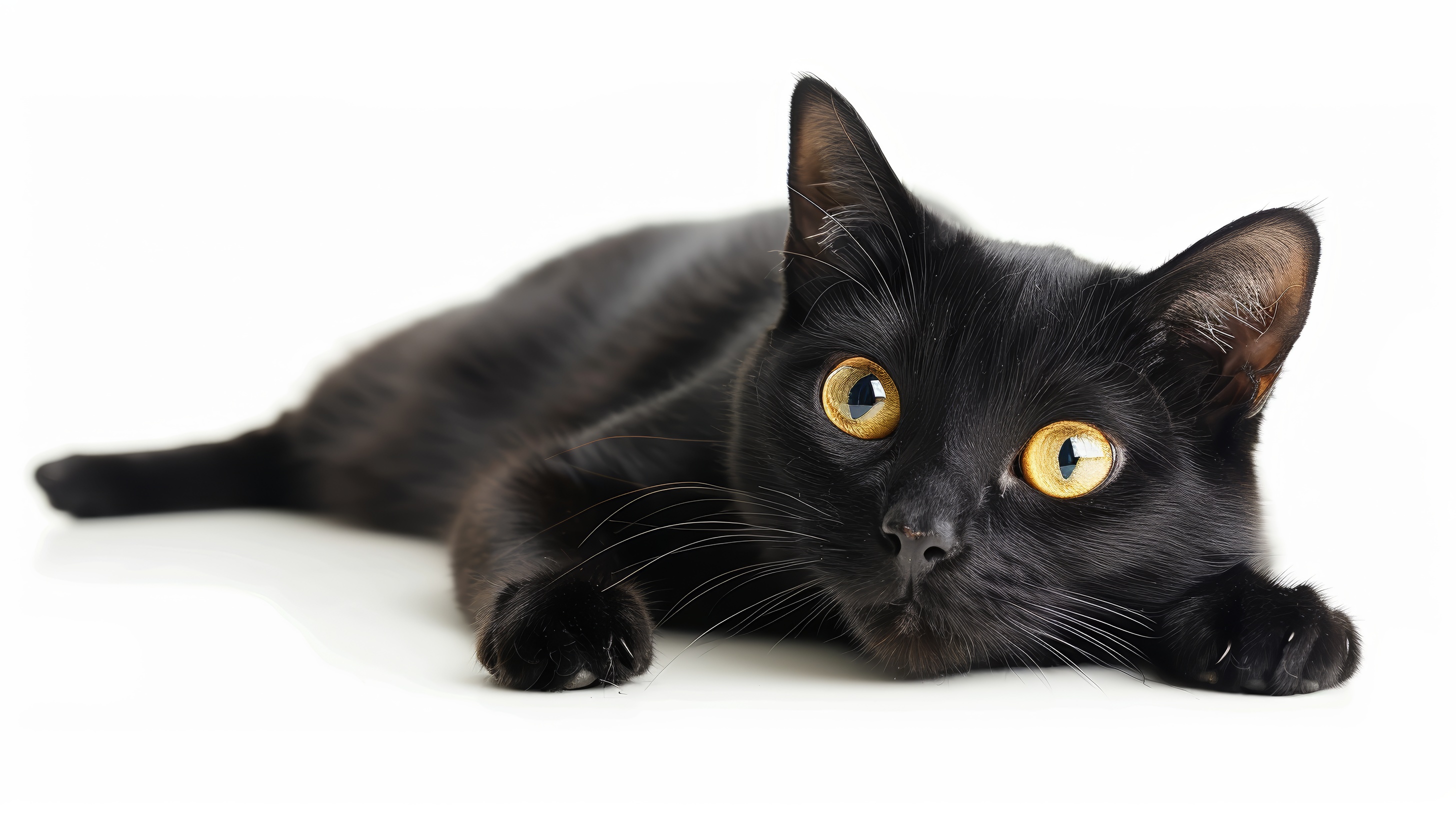 Black cat with yellow eyes layin in studio on white background