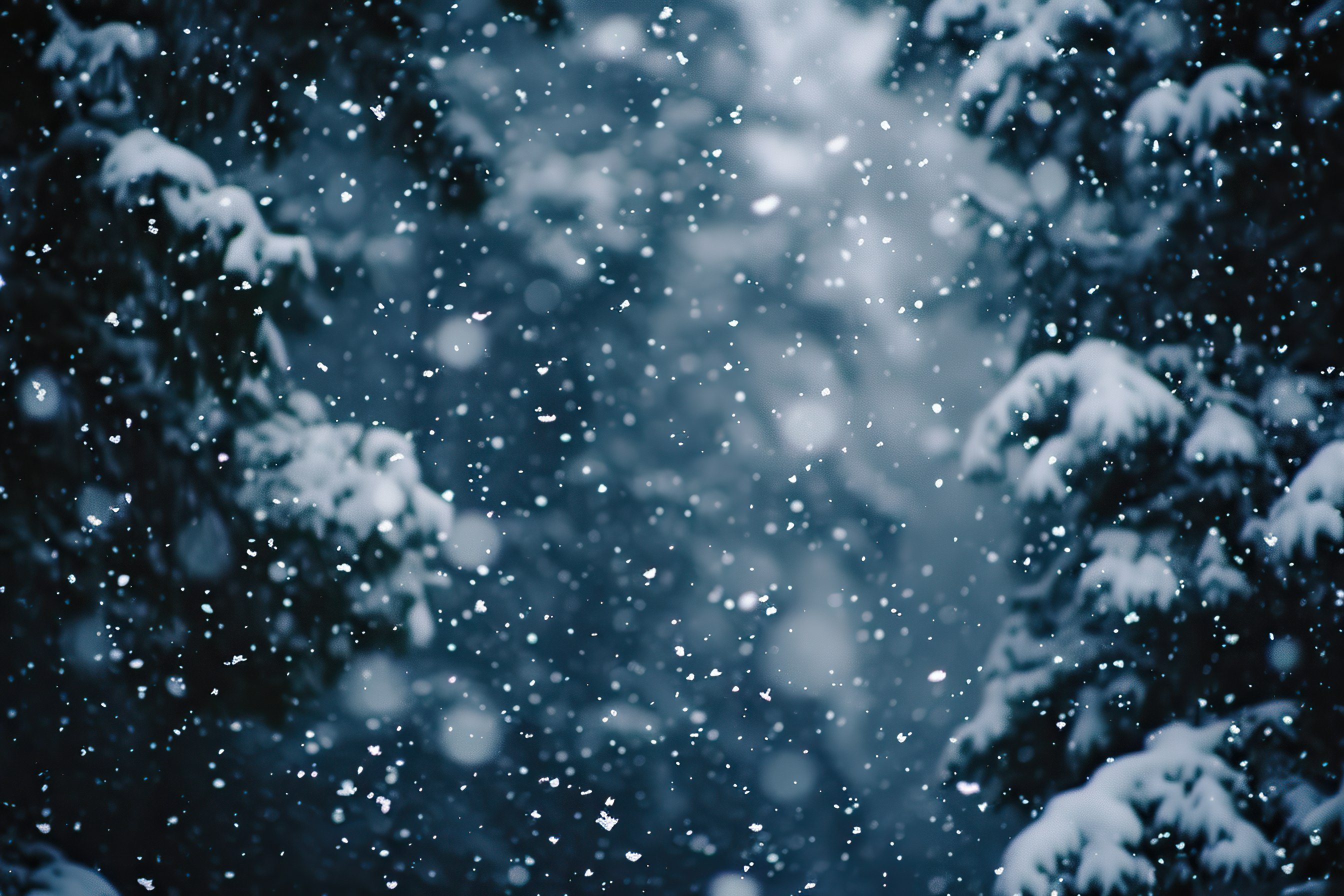 Close-up shot of Snowfall. Dark winter forest background