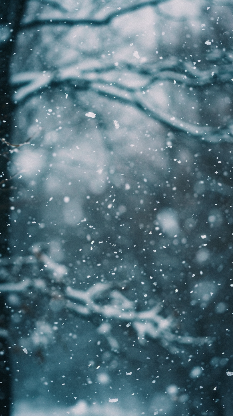 Close-up shot of Snowfall. Dark winter forest background