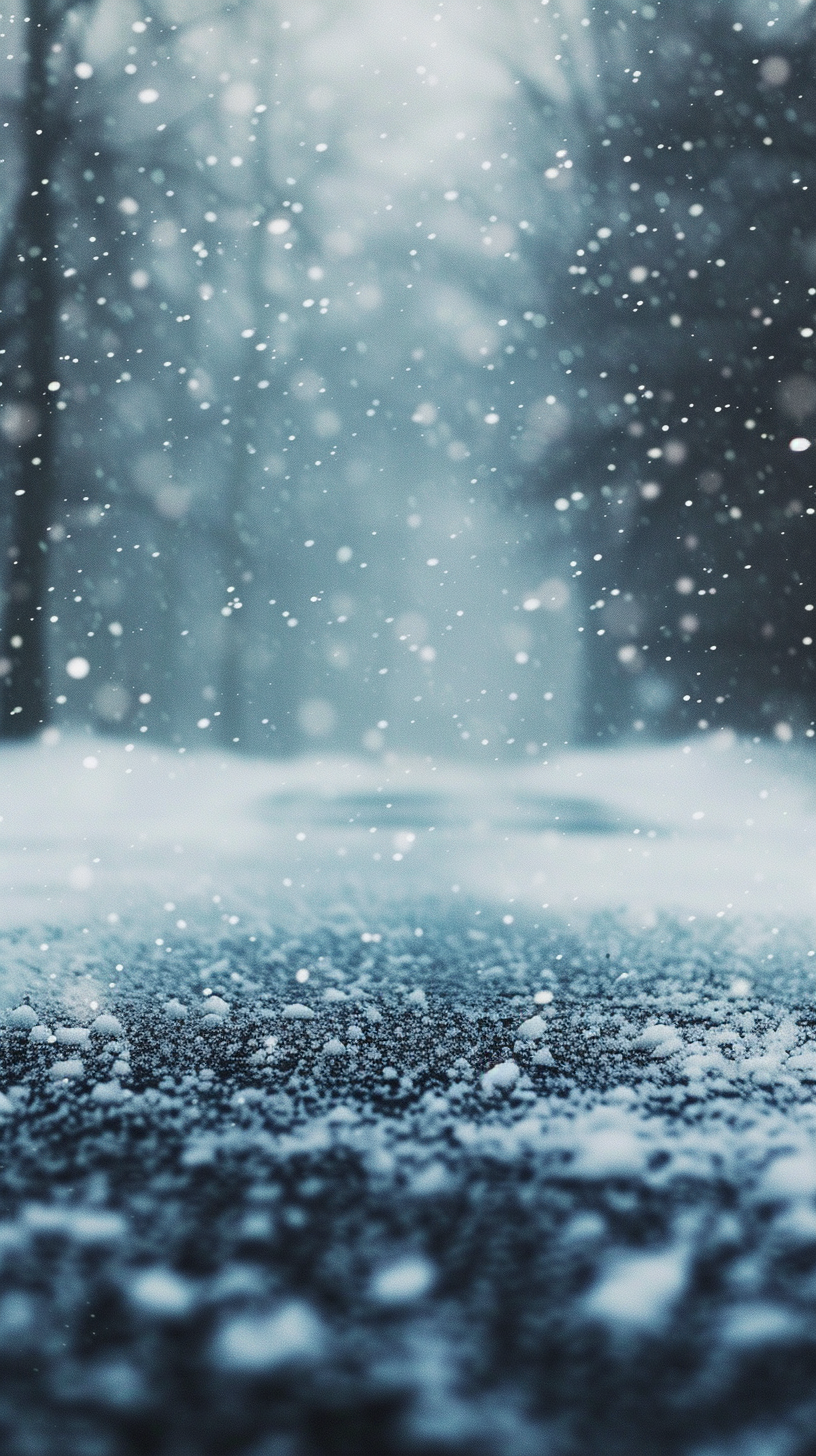 Close-up shot of Snowfall. Dark winter forest background