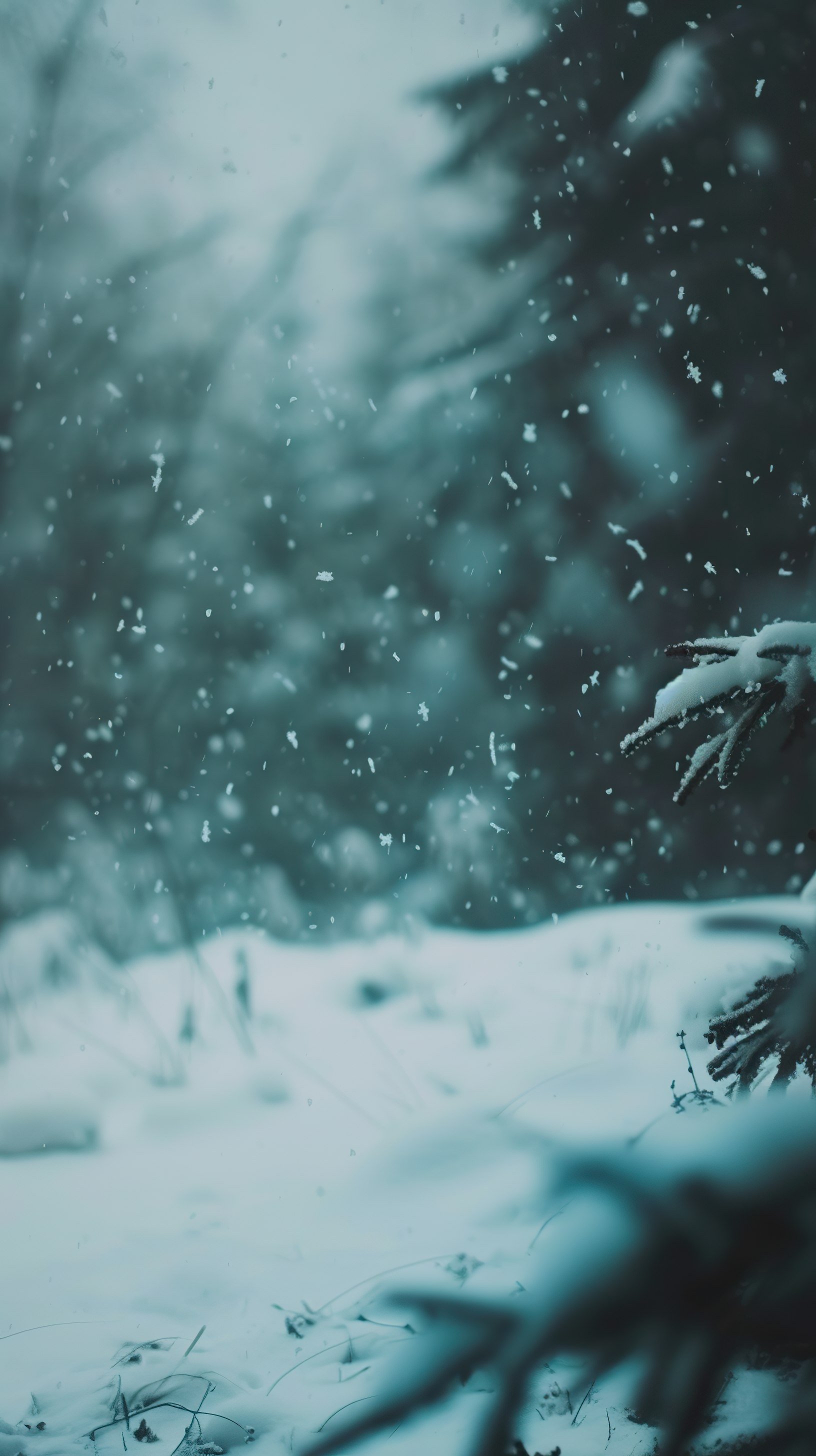 Close-up shot of Snowfall. Dark winter forest background