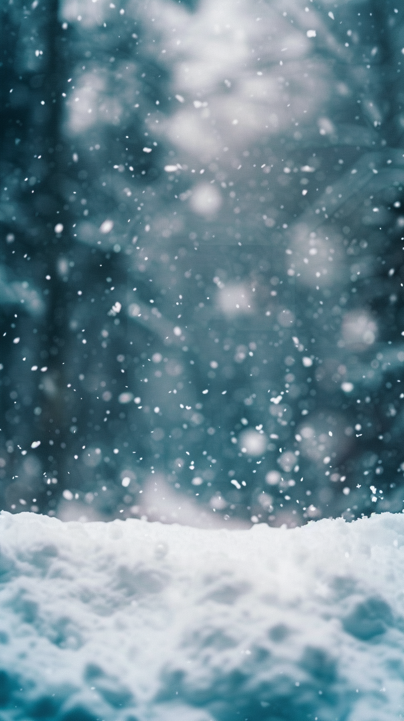 Close-up shot of Snowfall. Dark winter forest background