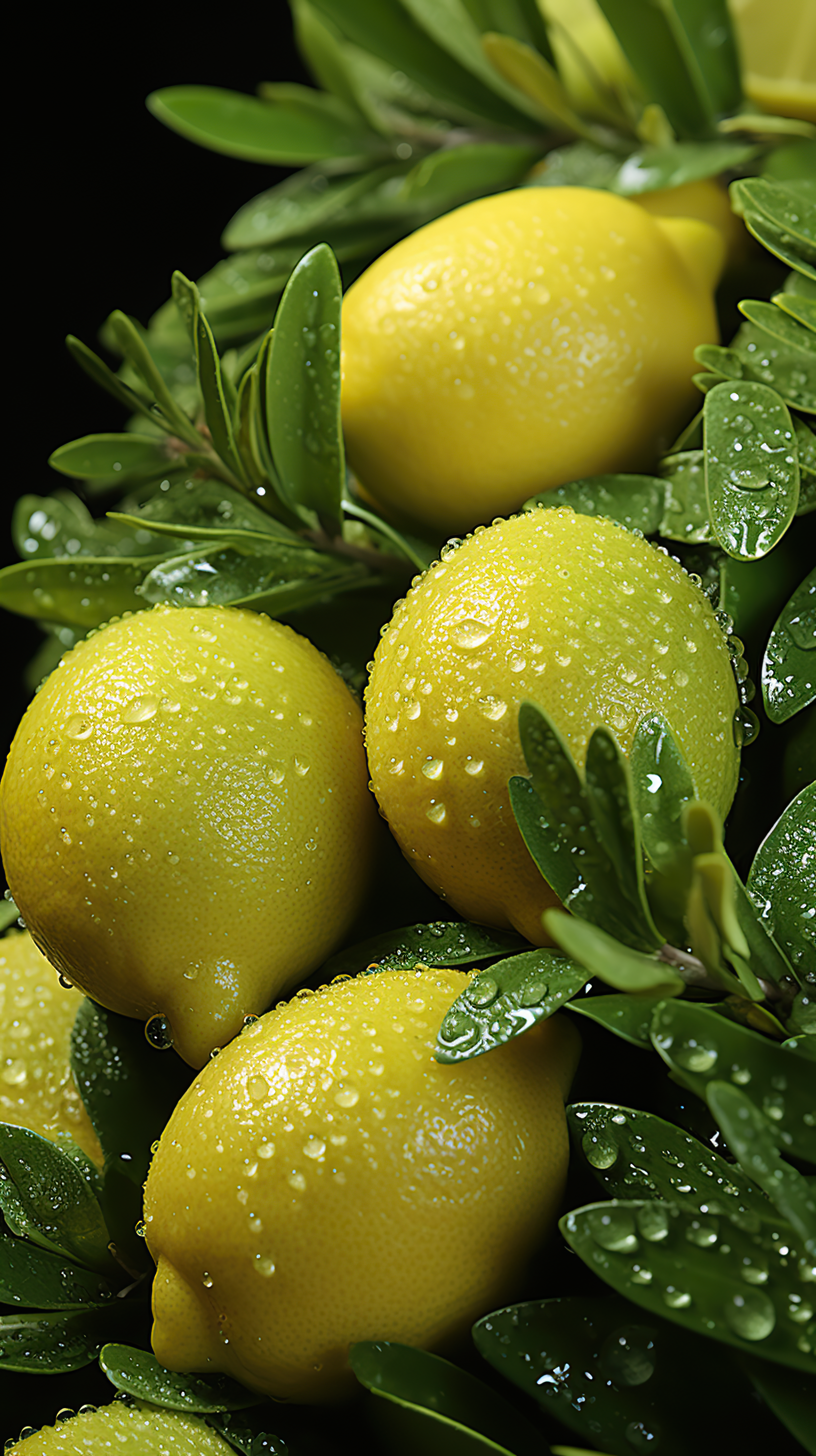 Close-up shot of lemon with green leaves and water droplets on dark background