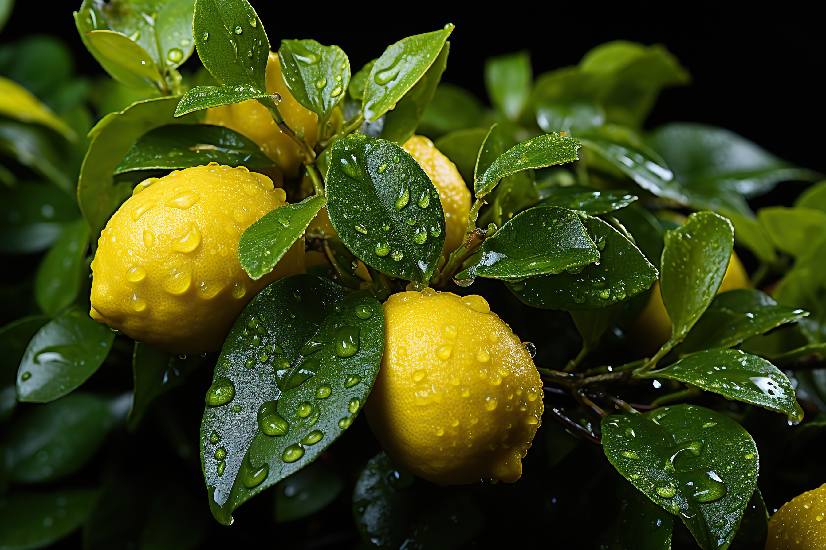 Close-up shot of lemon with green leaves and water droplets on dark background