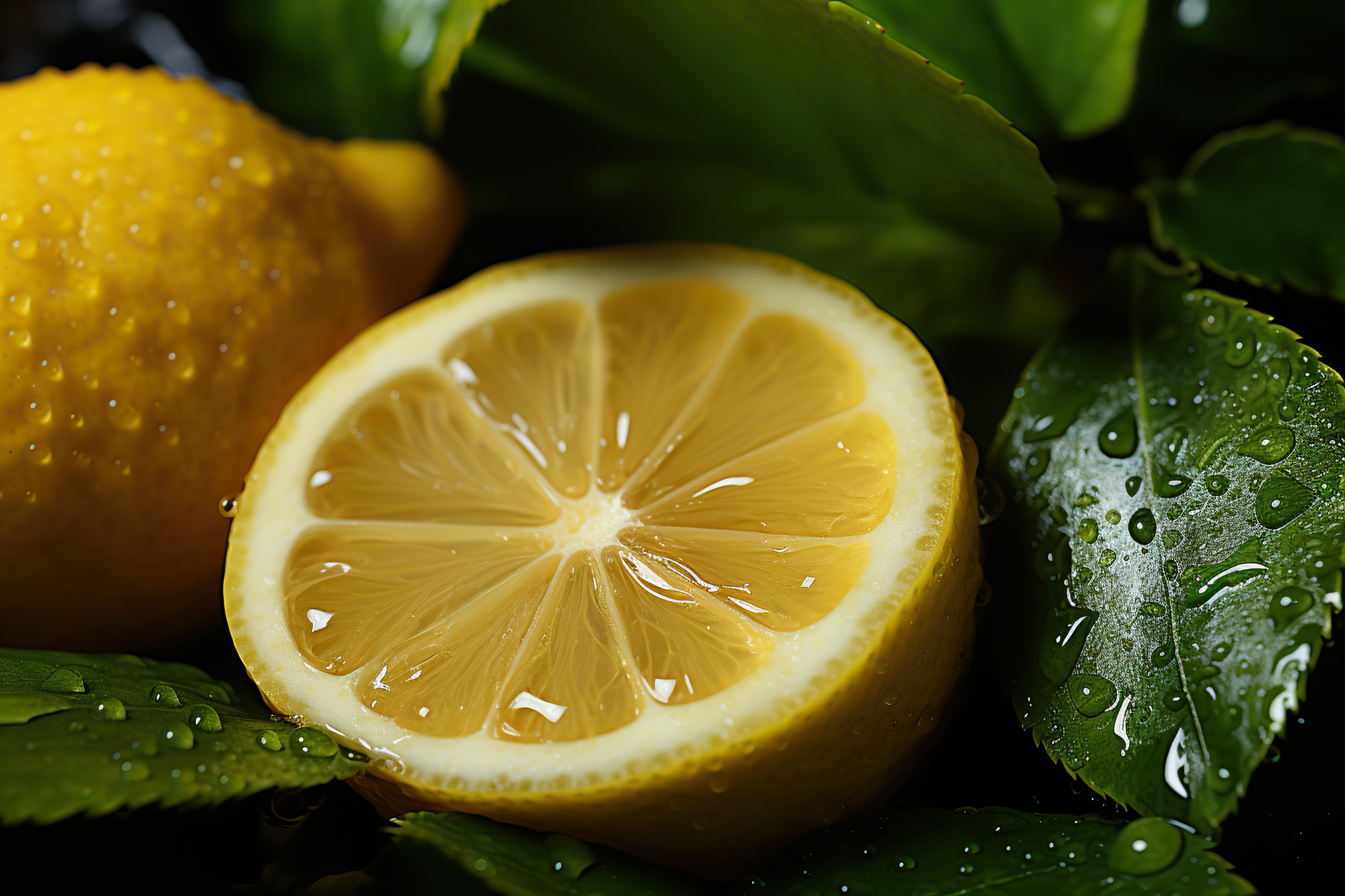 Close-up shot of sliced lemon with green leaves and water droplets on dark background