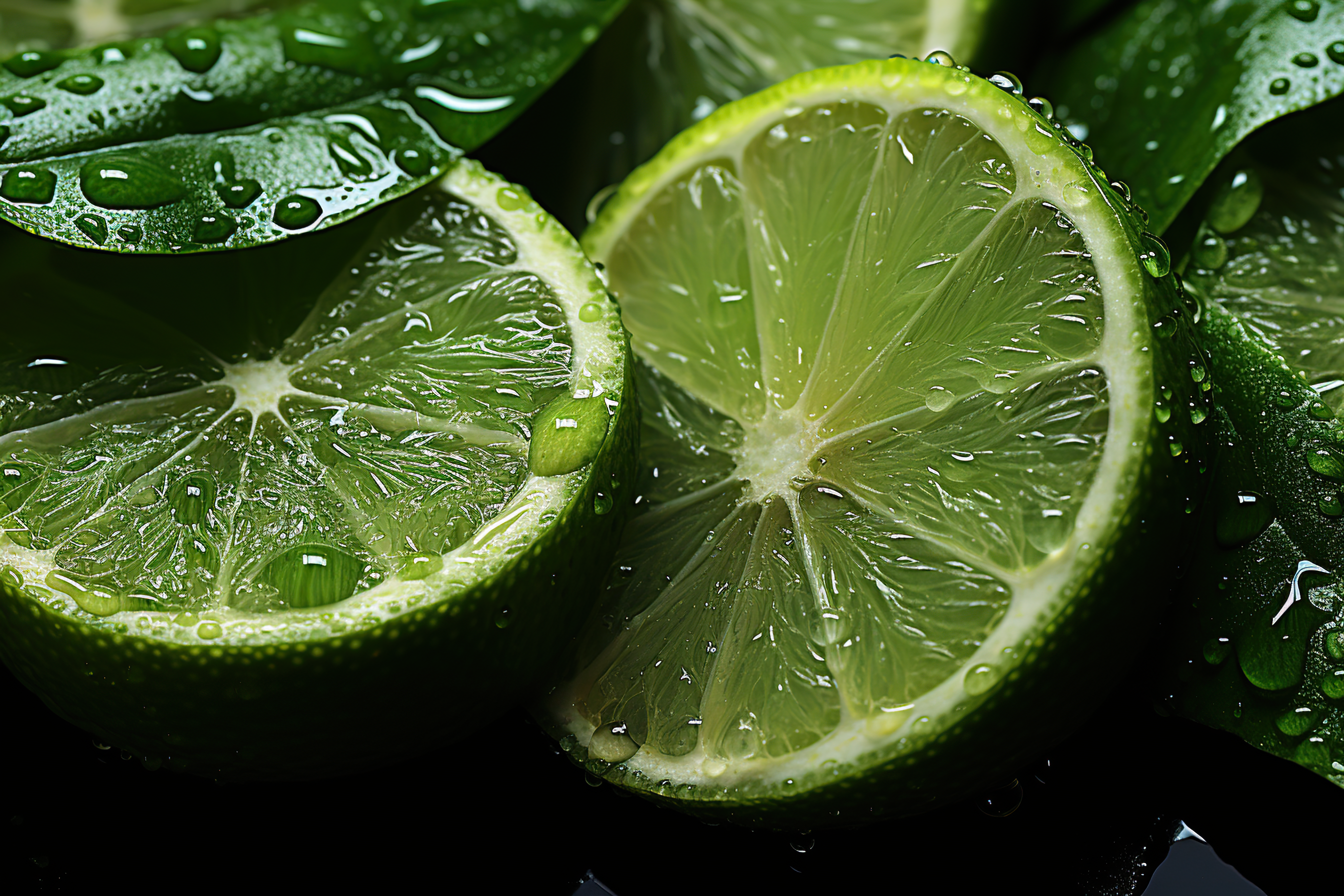 Close-up shot of sliced lime with green leaves on dark background