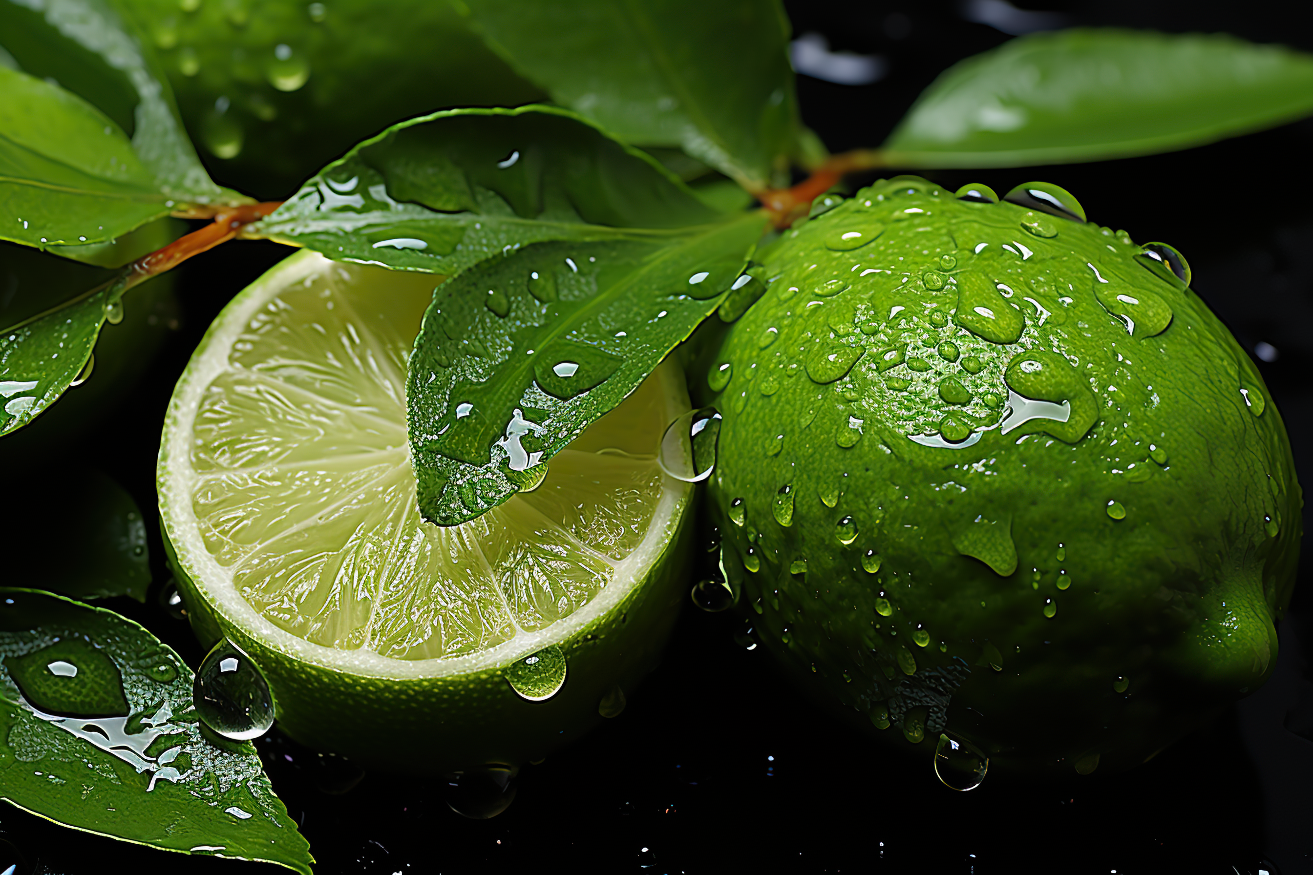 Close-up shot of sliced lime with green leaves on dark background