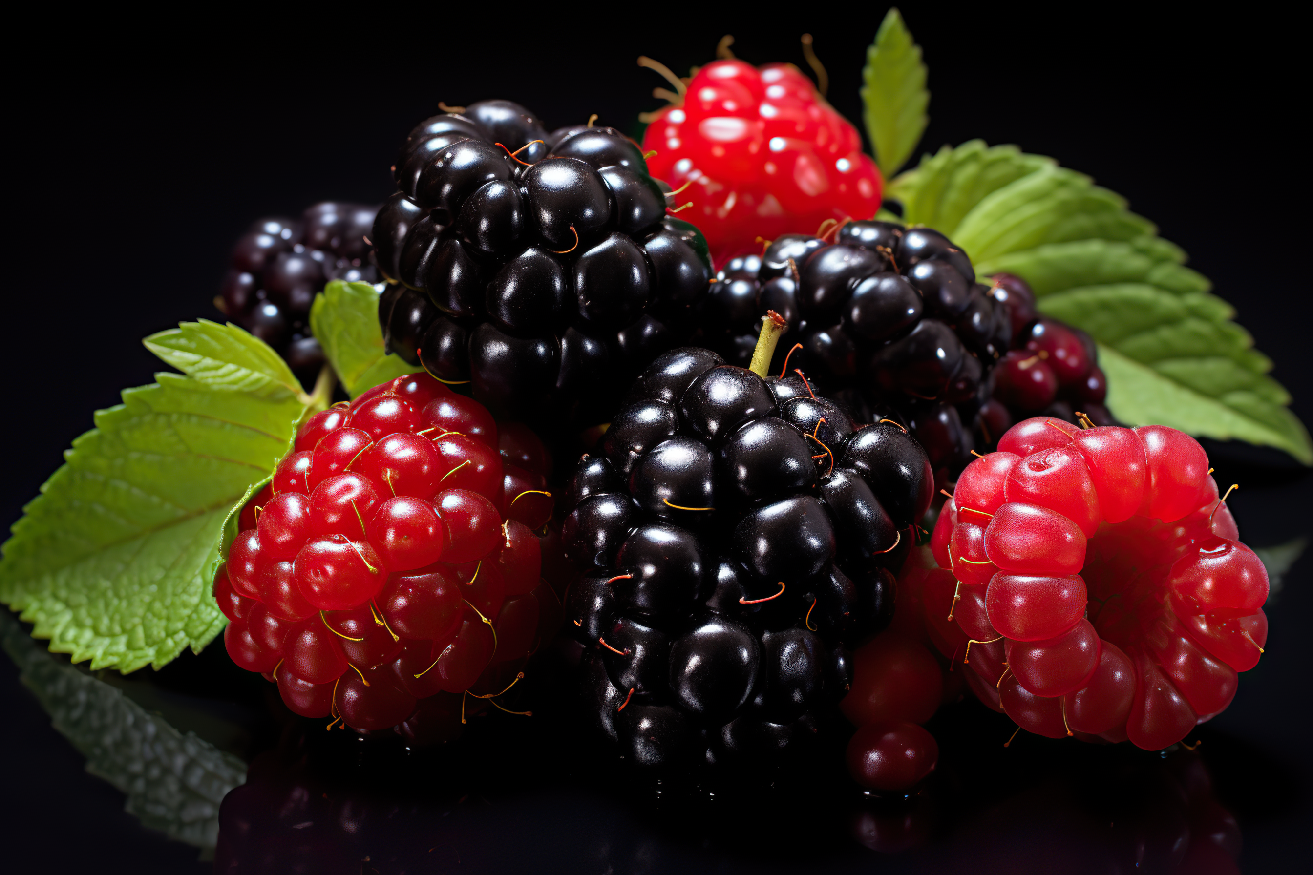 Close-up view of mixed, assorted berries blackberry, strawberry, blueberry, raspberry with green leave isolated on black background. Colorful and healthy concept. Black, blue, red, green colo