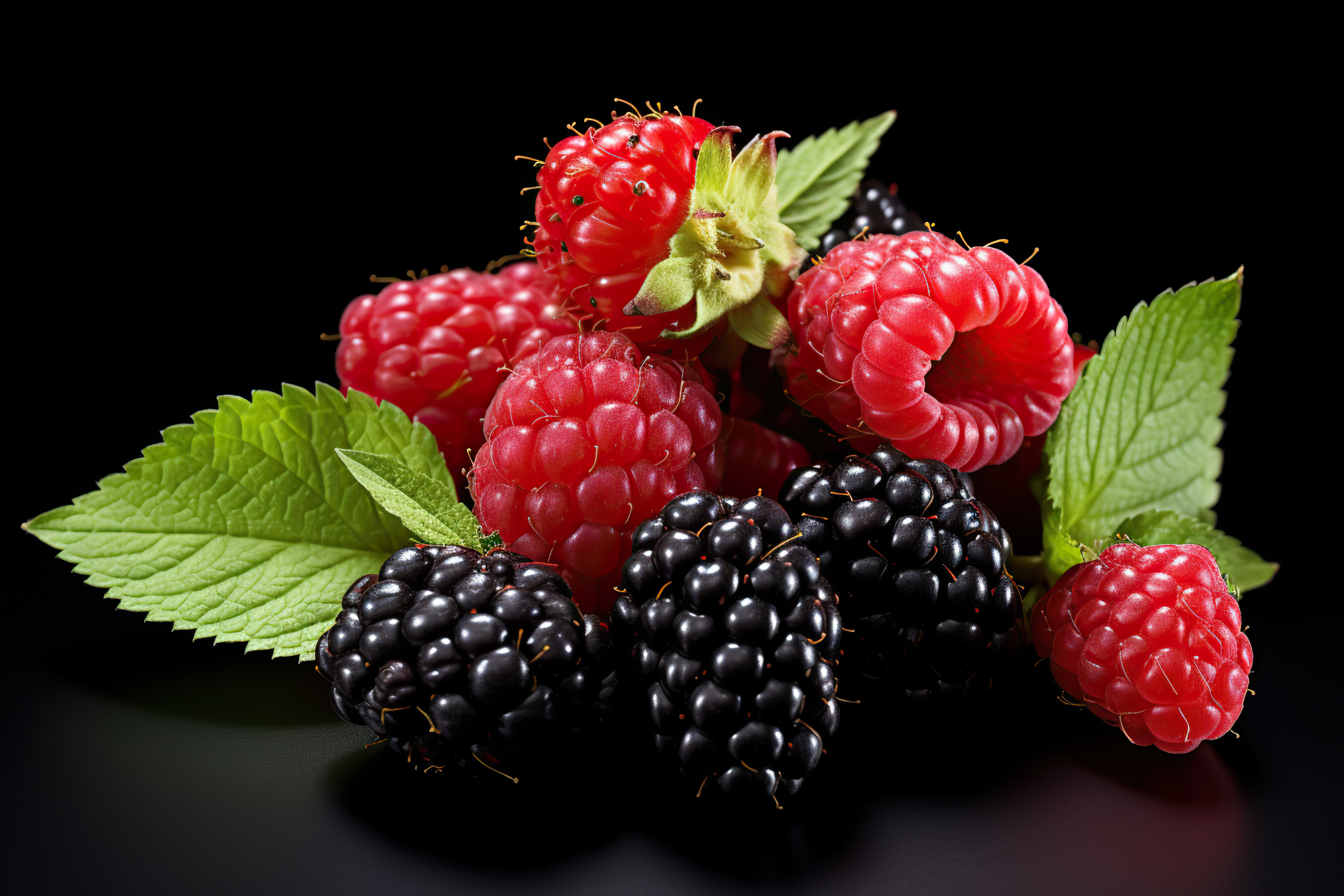Close-up view of mixed, assorted berries blackberry, strawberry, blueberry, raspberry with green leave isolated on black background. Colorful and healthy concept. Black, blue, red, green colo