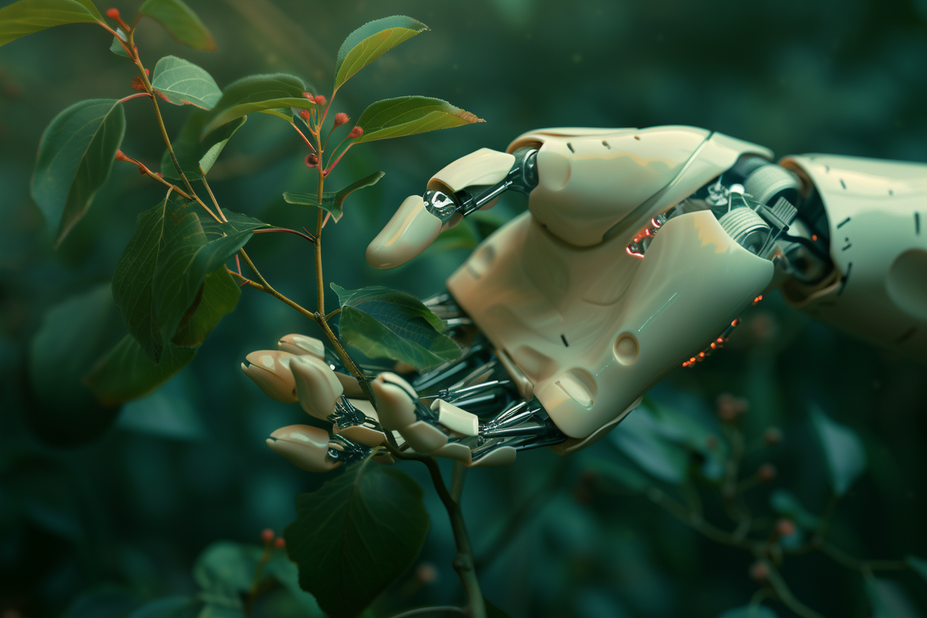 Close up  of robot hand touching a plant