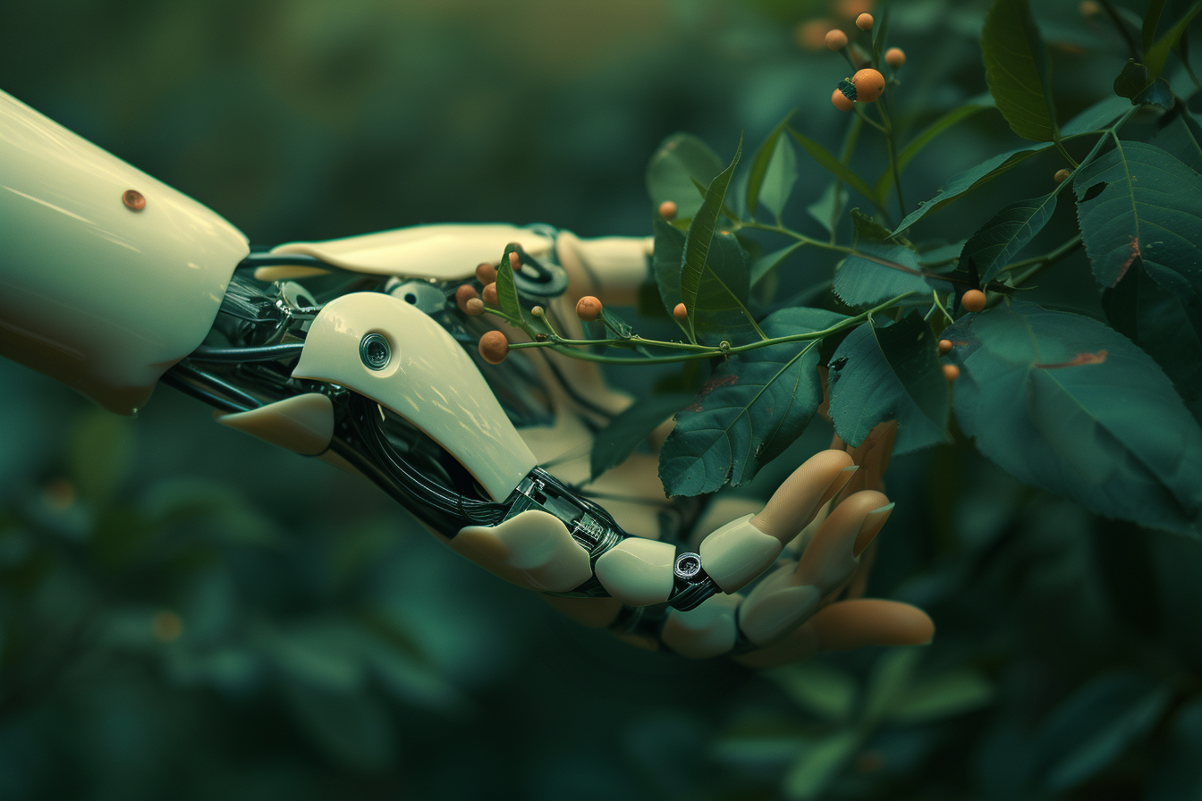 Close up  of robot hand touching a plant