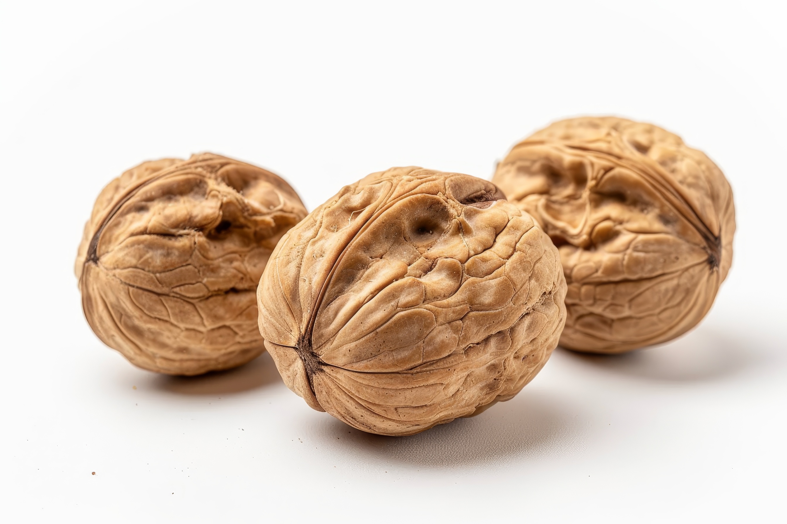 Close up of walnuts in the shell on white background