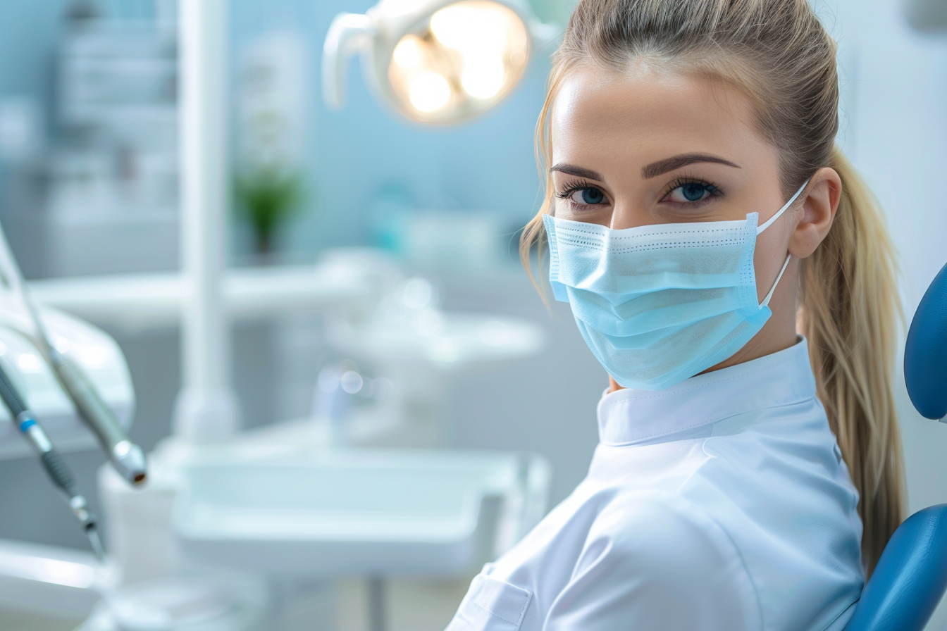 Close up shot of a beautiful female dentists in protective mask looking to camera, Generative AI