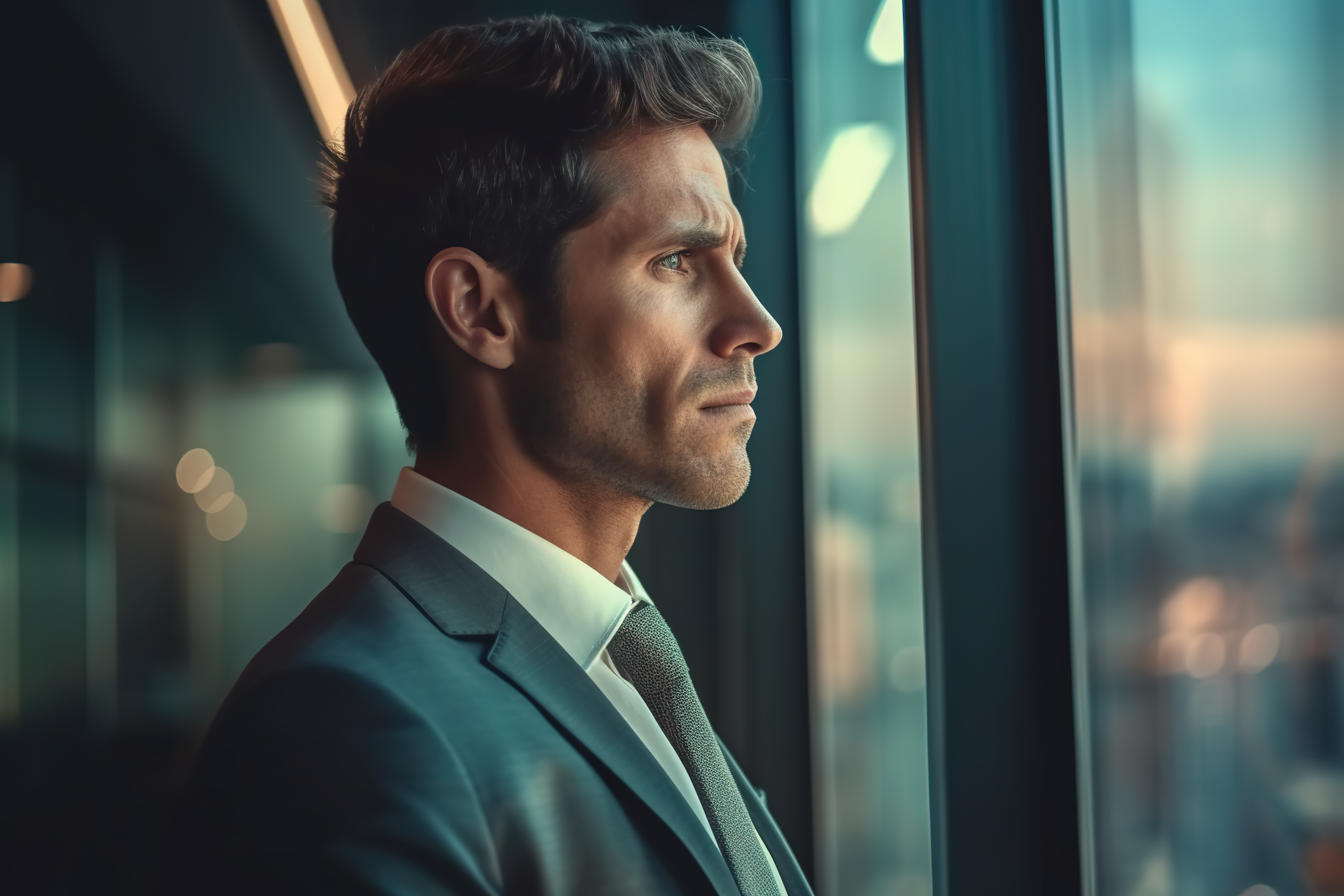 Close up shot of a handsome businessman looking outside of the window