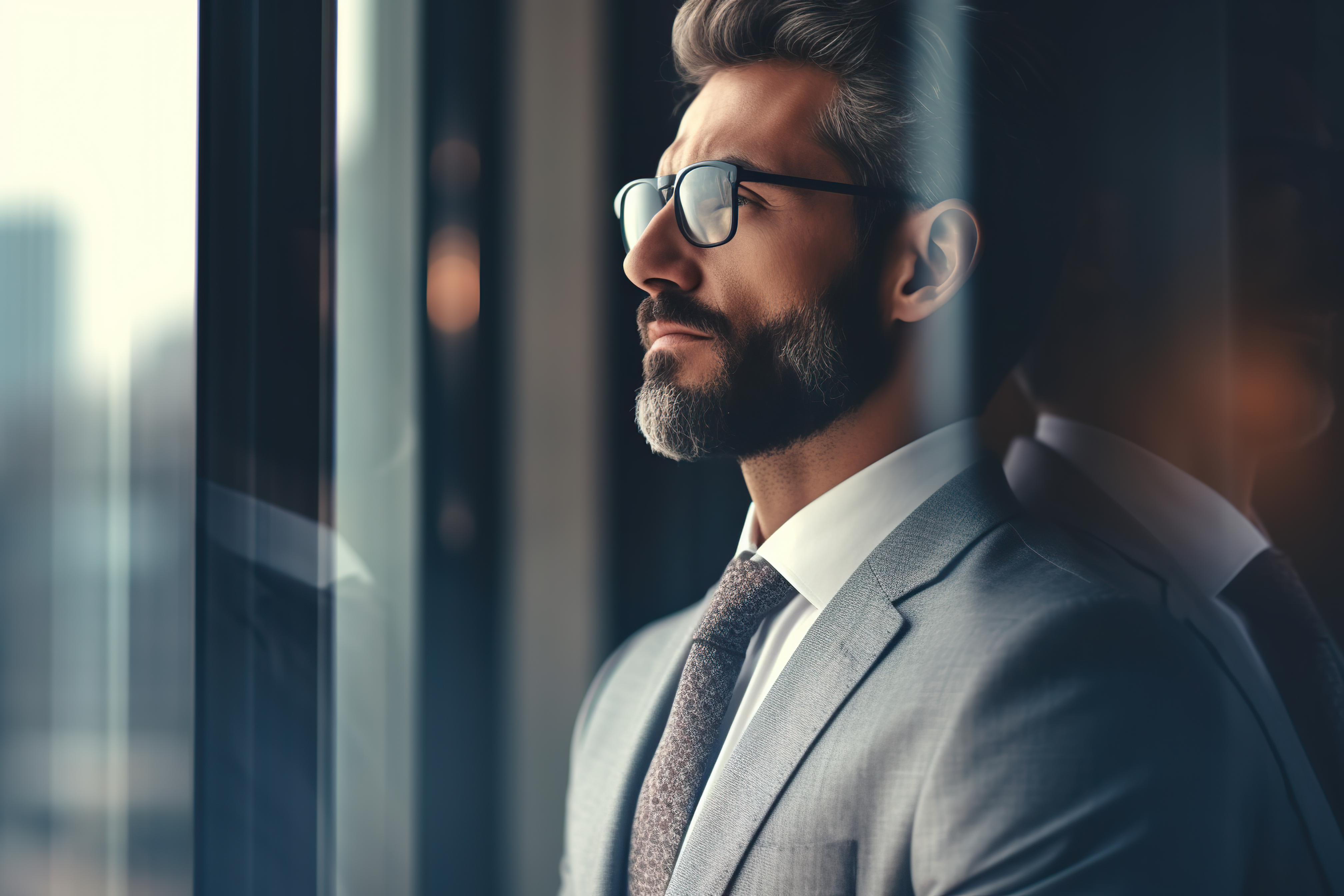 Close up shot of a handsome businessman looking outside of the window