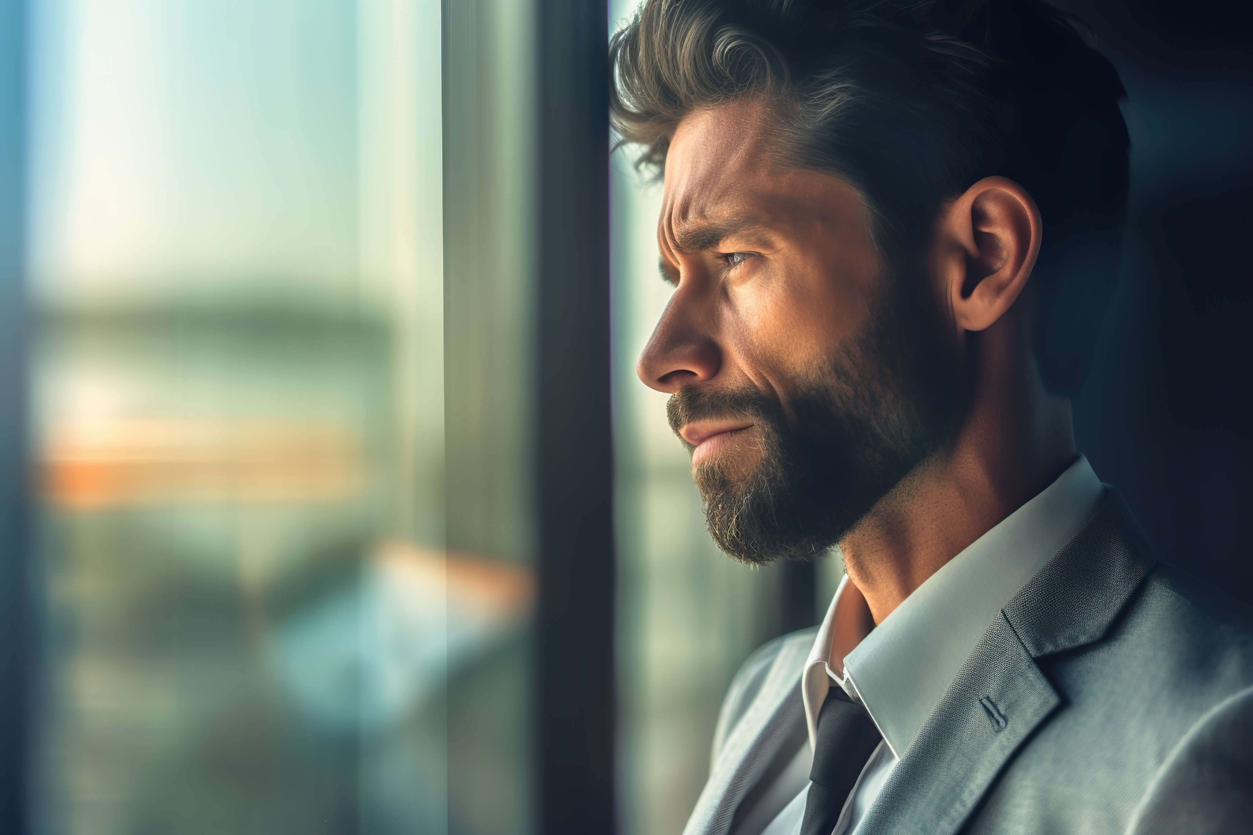 Close up shot of a handsome businessman looking outside of the window