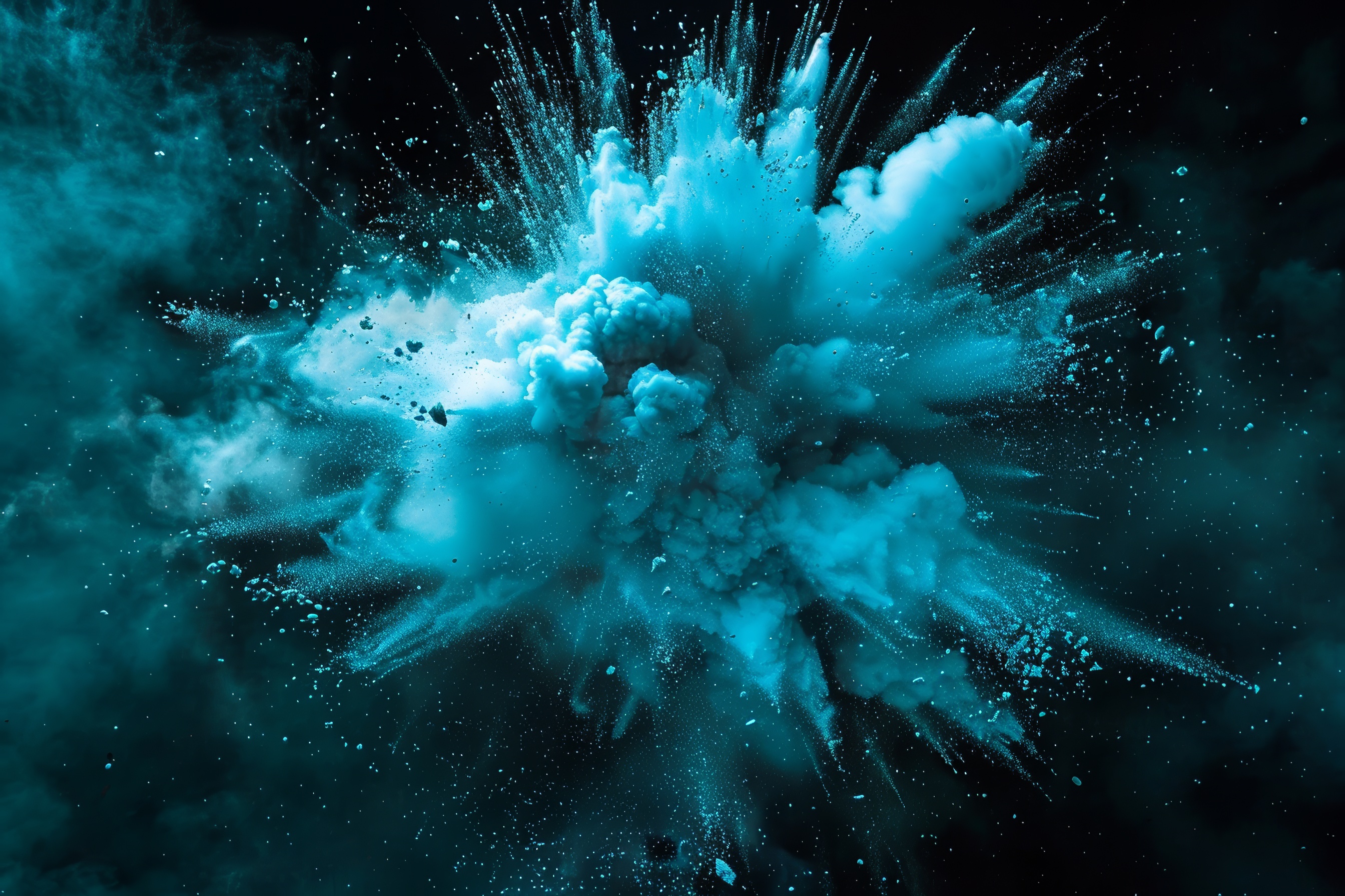 Colored cyan powder explosion on a black background