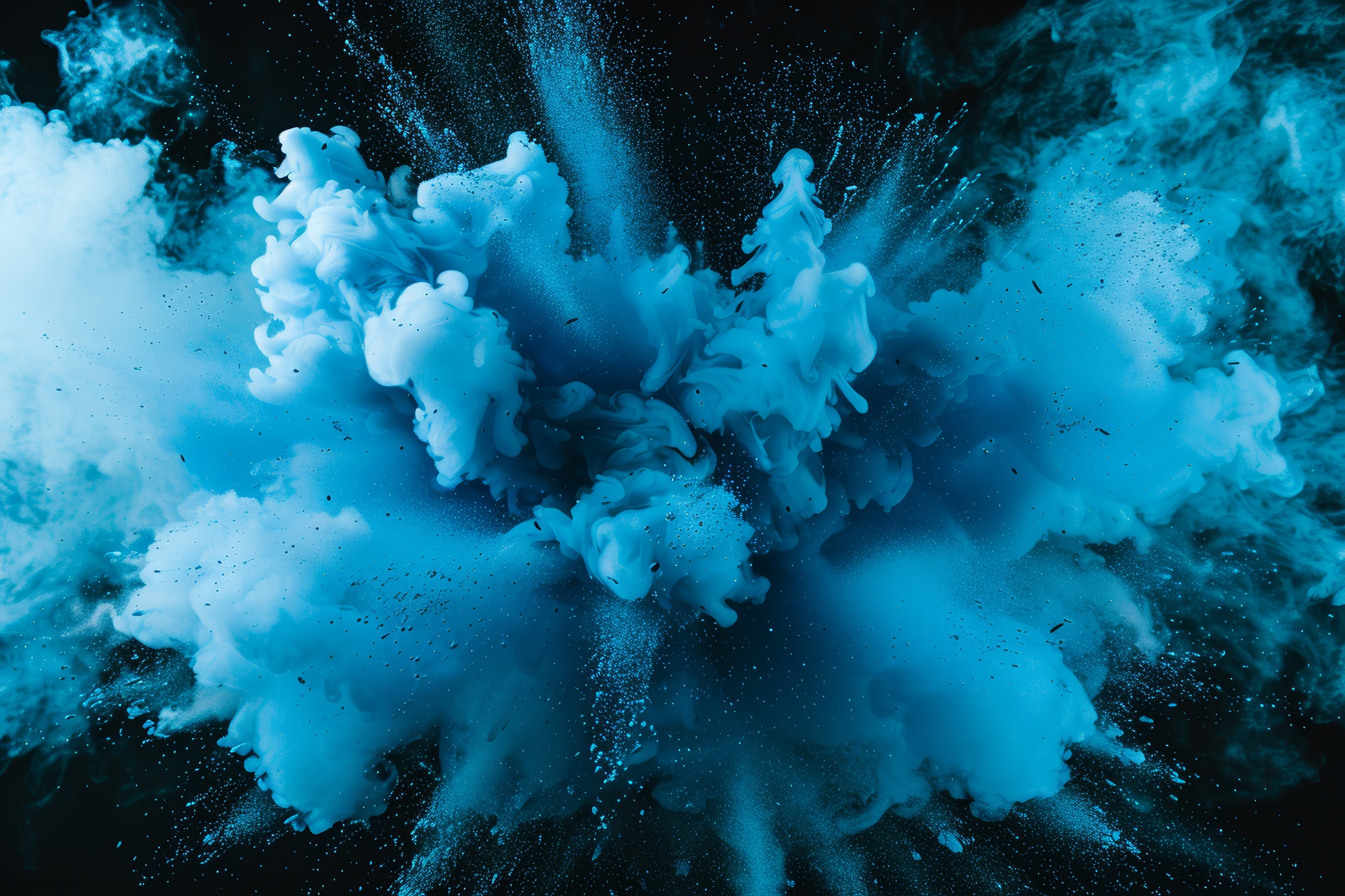 Colored cyan powder explosion on a black background