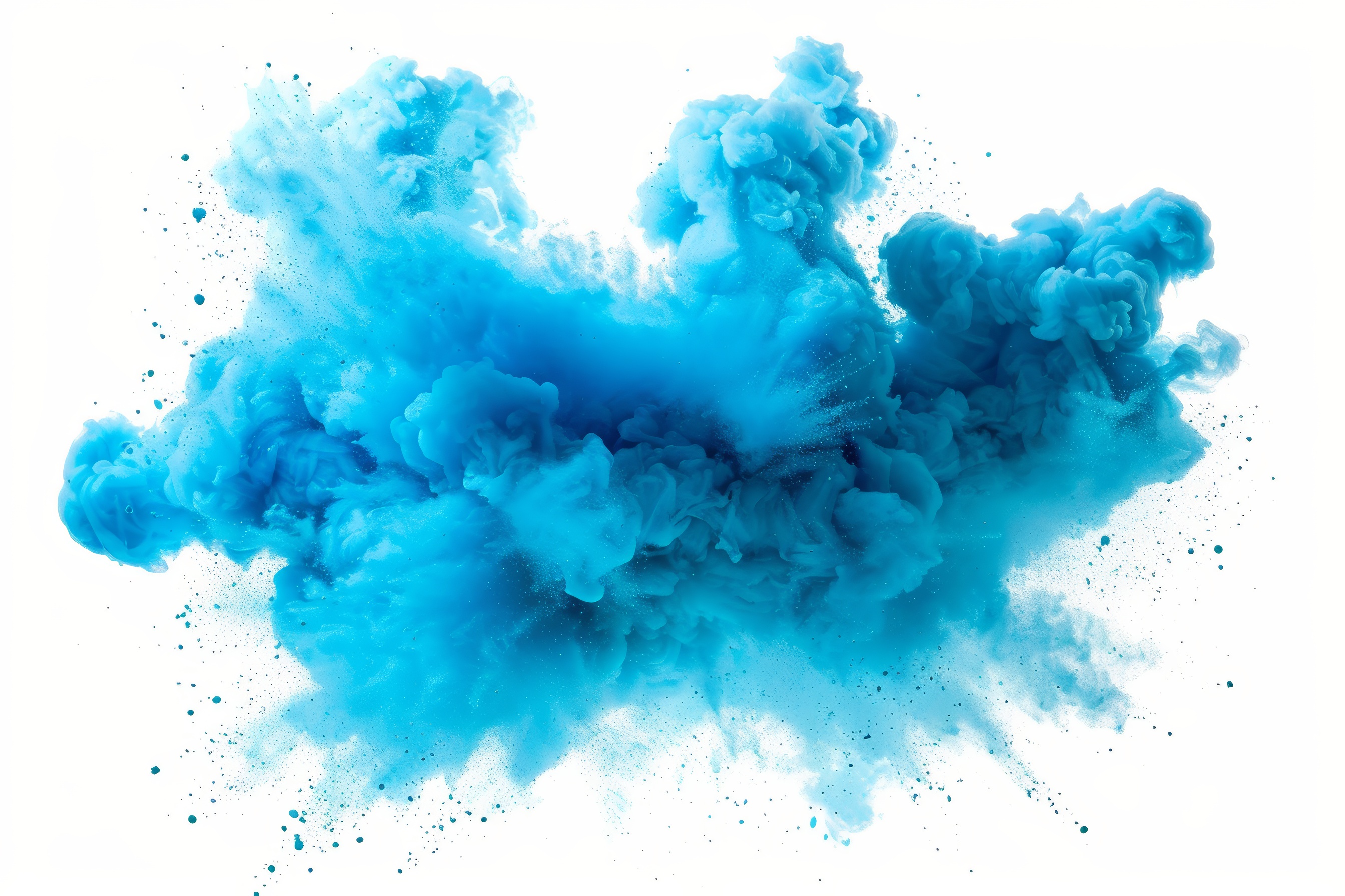 Colored cyan powder explosion on white background