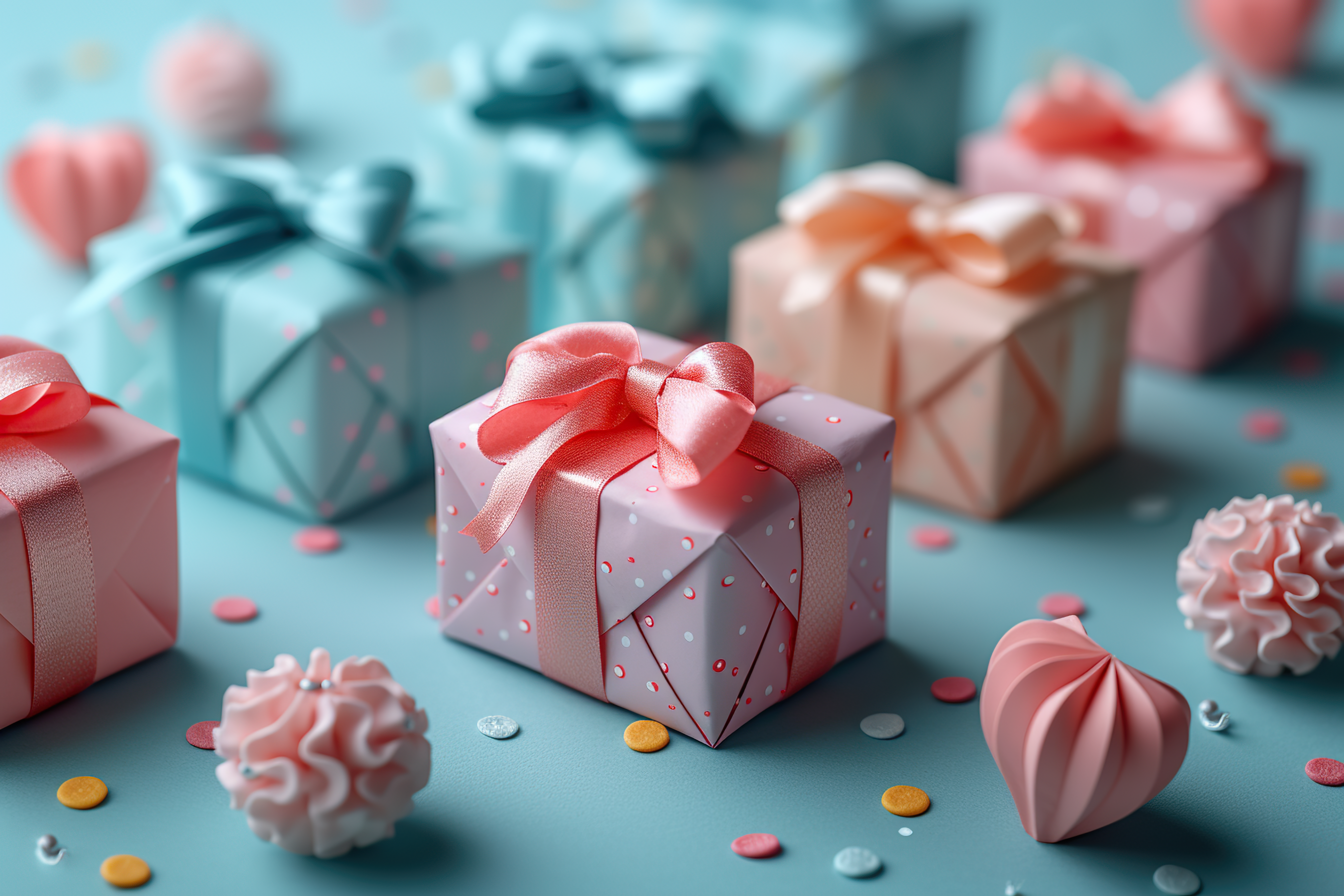 Colorful gift boxes for a valentines and confetti on blue background