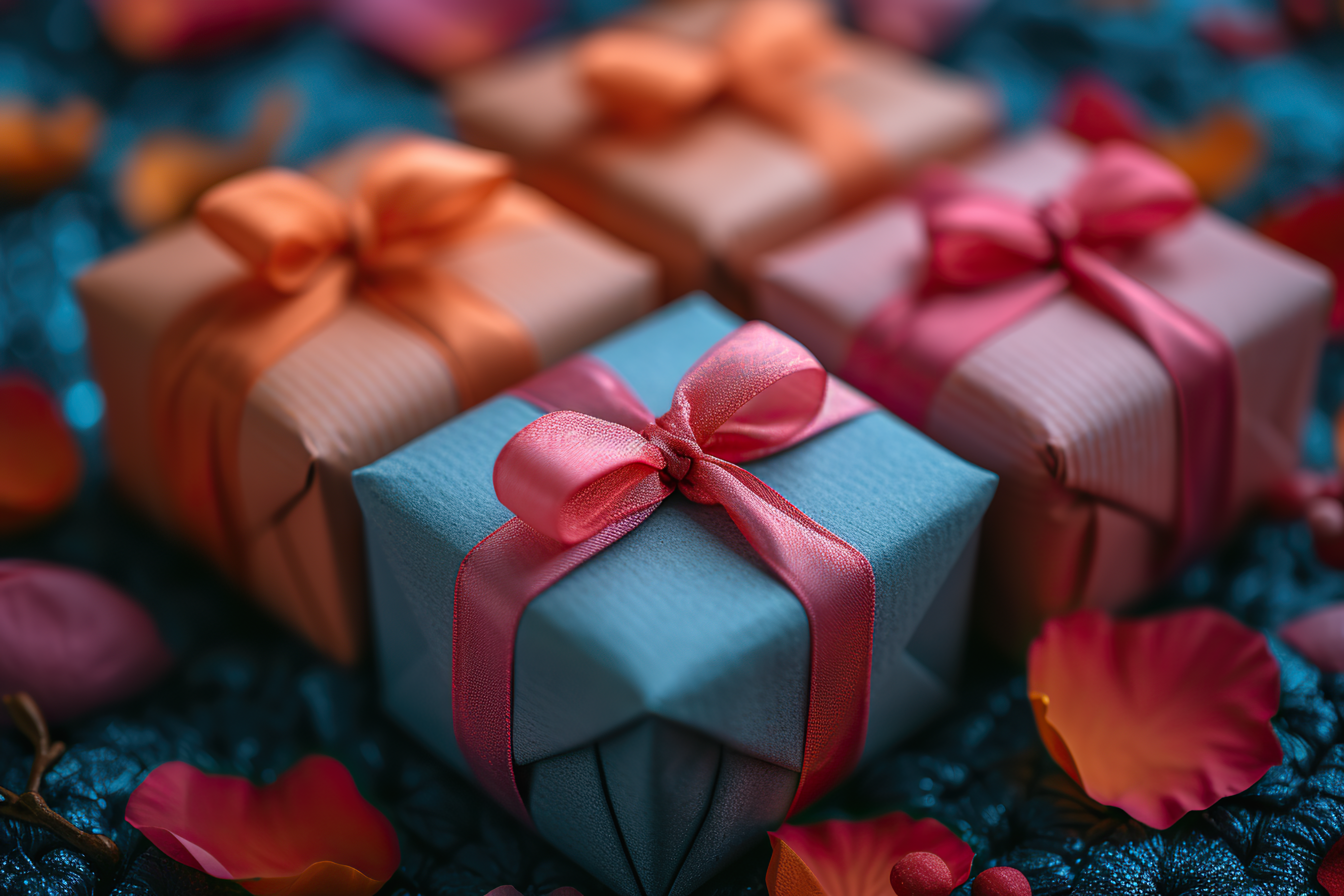 Colorful gift boxes for a valentines and confetti on blue background