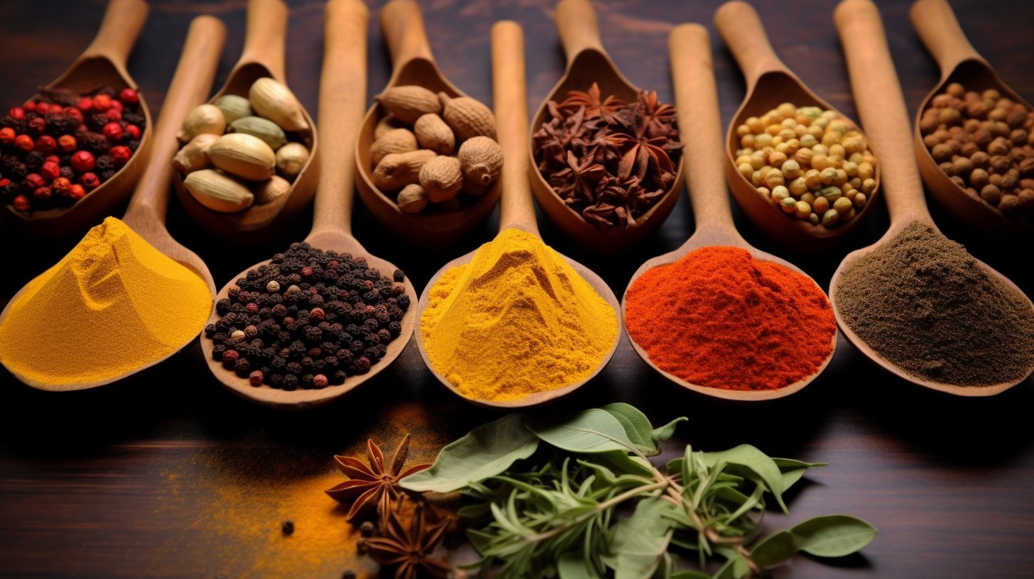 Colorful spices, dried herbs, cuisine, top view