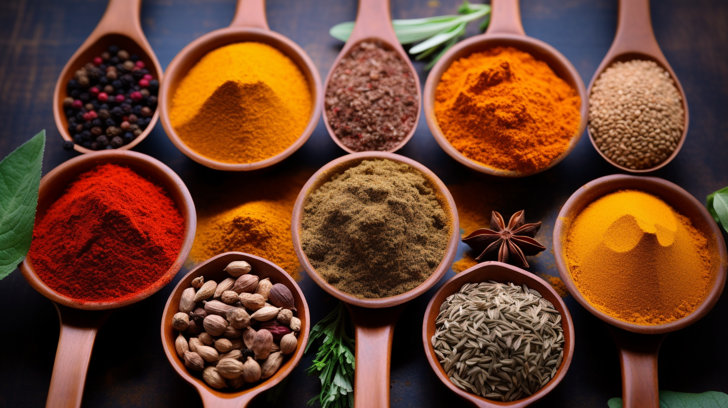 Colorful spices, dried herbs, cuisine, top view