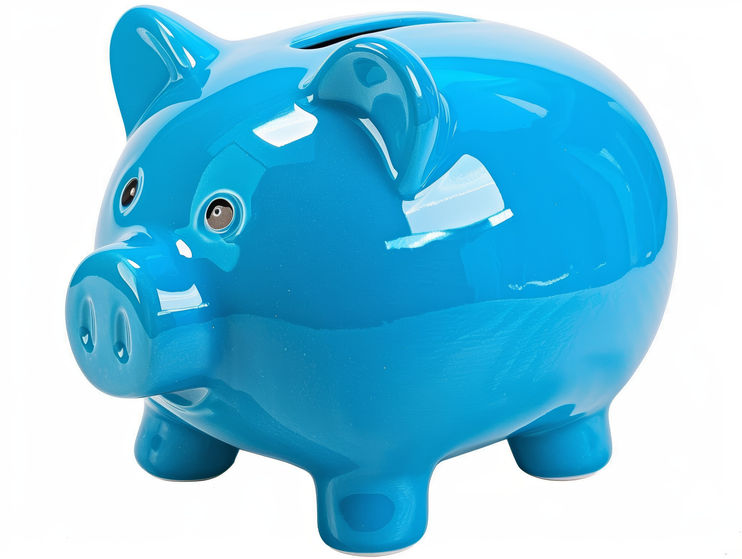 Cyan ceramic piggy bank on a white background