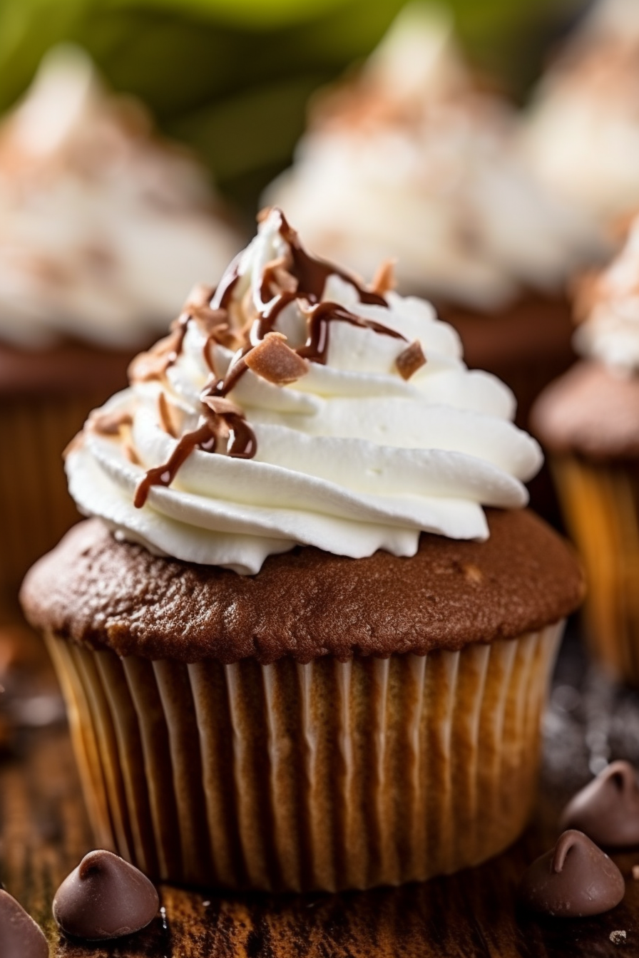 Delicious cupcake topped with buttercream and chocolate