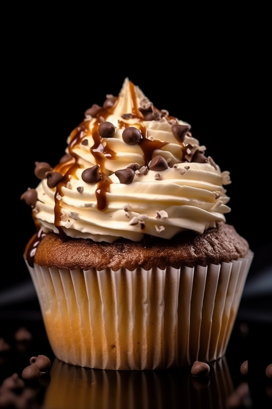 Delicious cupcake topped with buttercream and chocolate