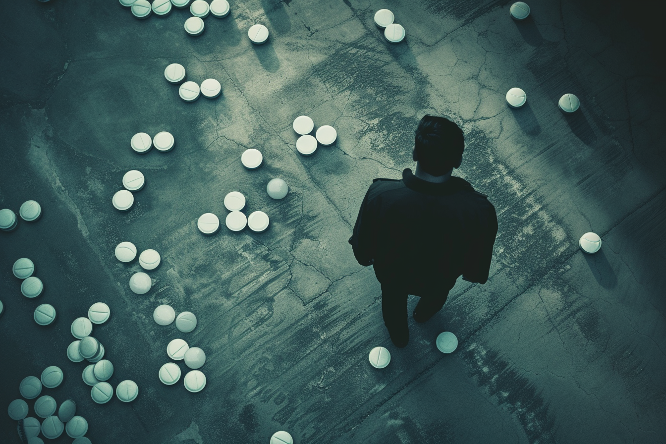 Drug pills and addicted concept, deppressed man standing among pills