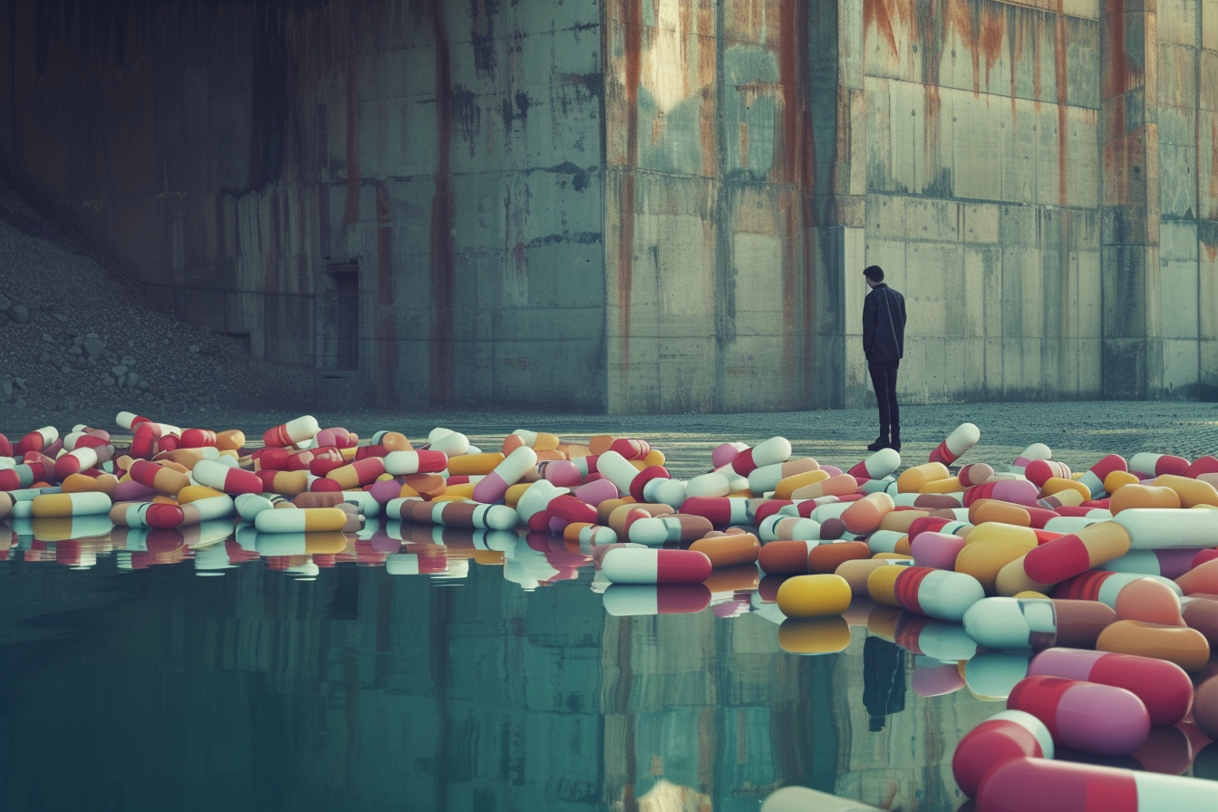 Drug pills and addicted concept, deppressed man standing among pills