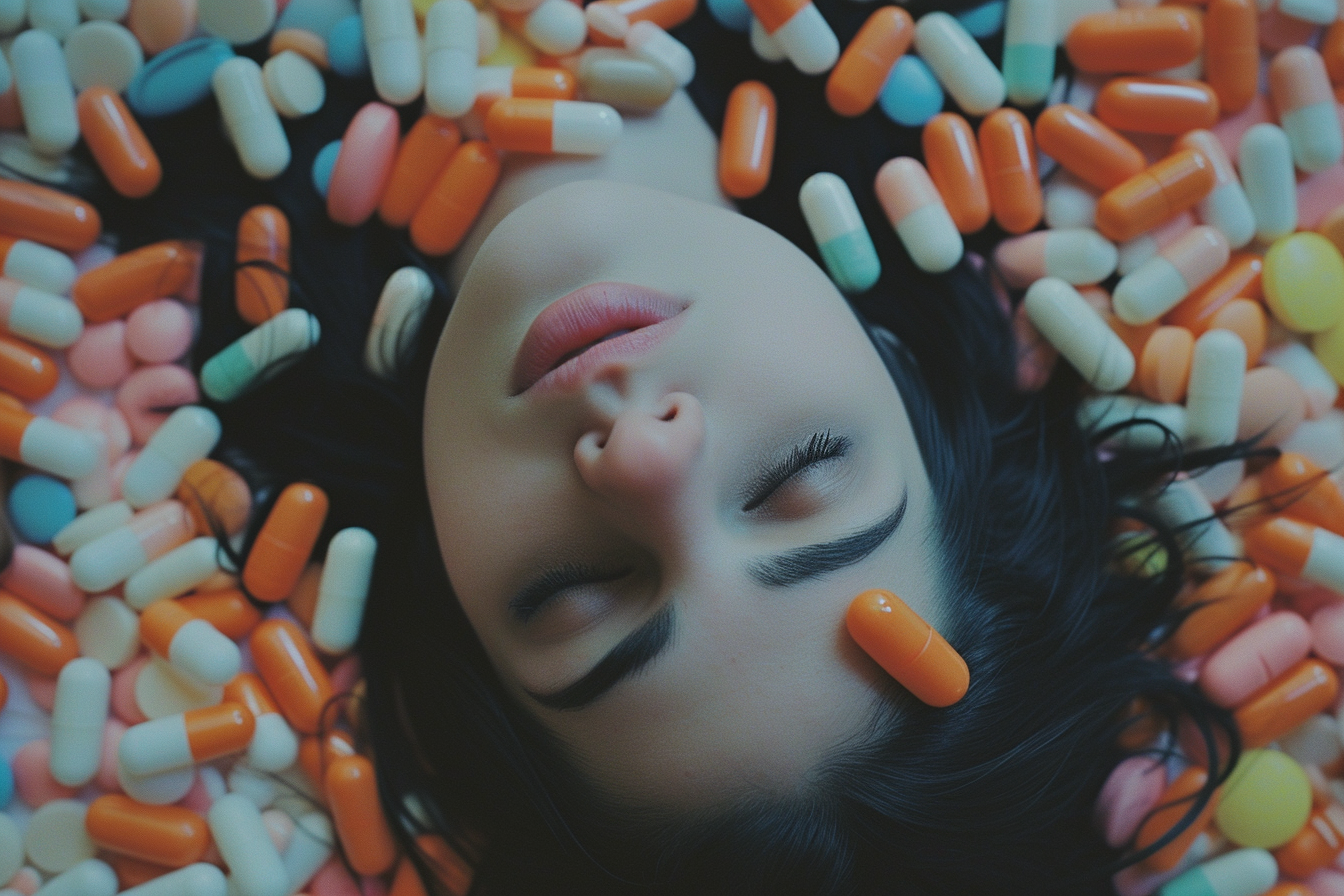 Drug pills and addicted concept, depressed adult beautiful girl, AI Generative