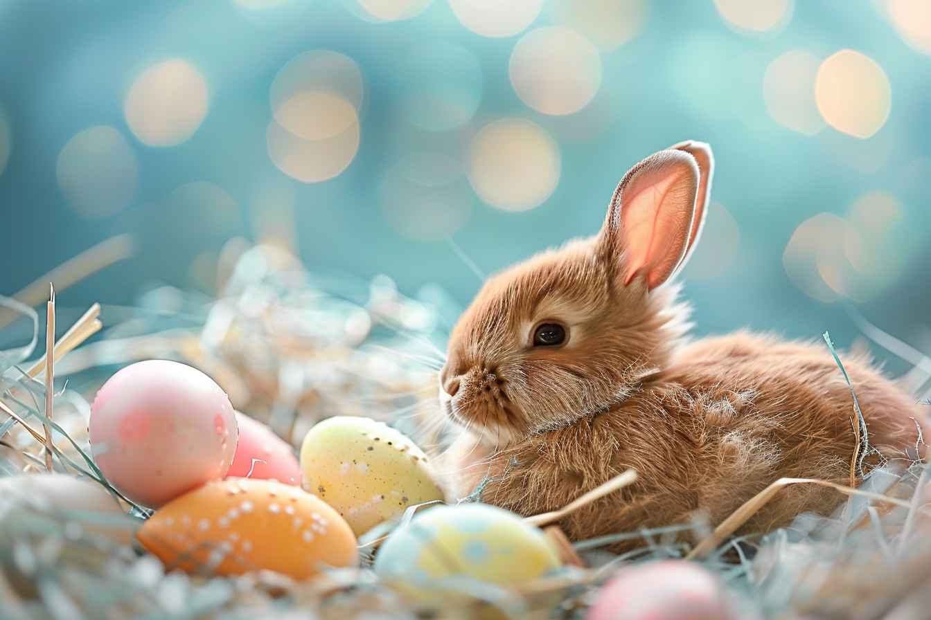 Easter bunny and colorful easter eggs on blurred background with bokeh