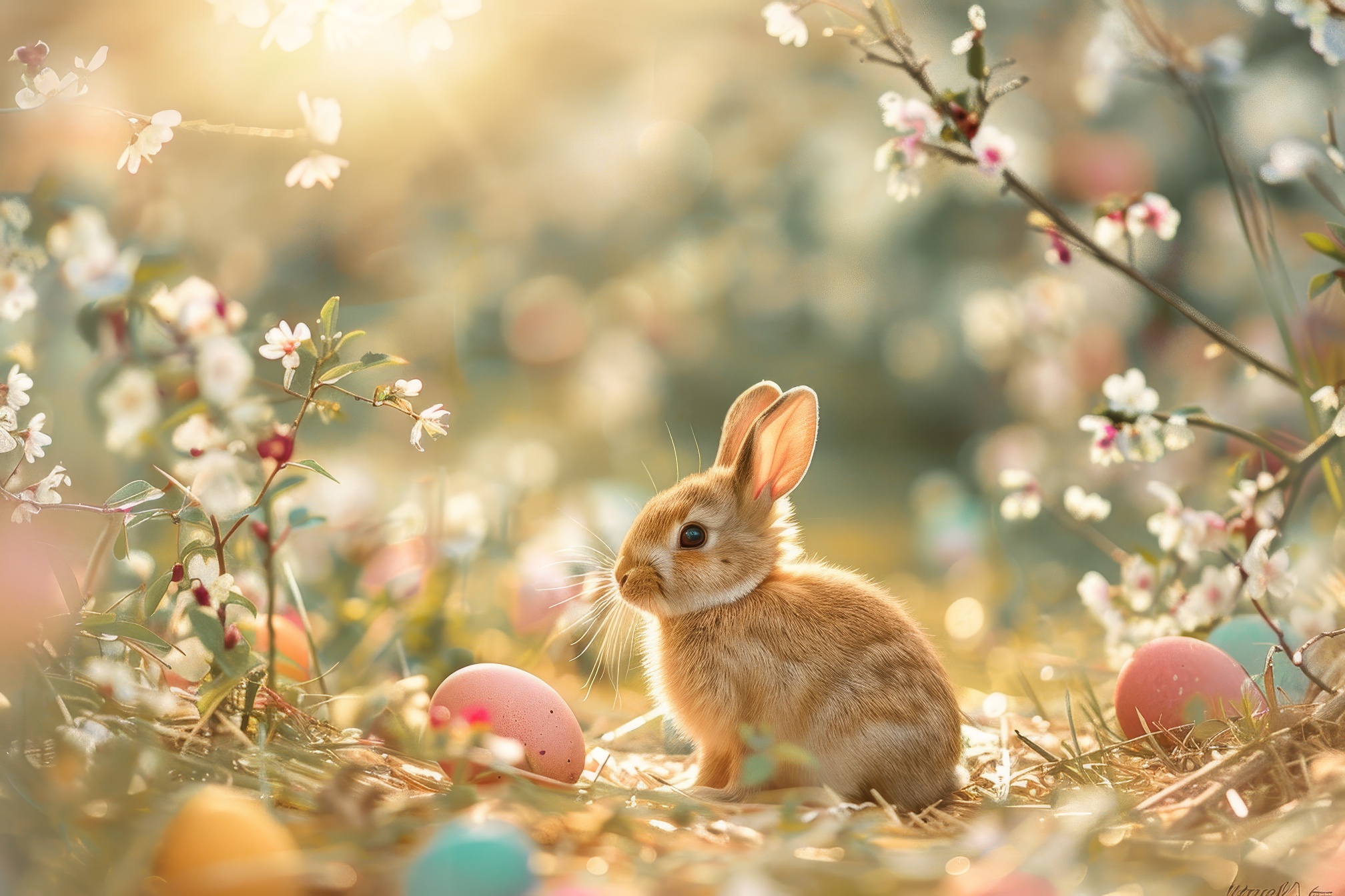 Easter bunny and colorful easter eggs on blurred background with bokeh