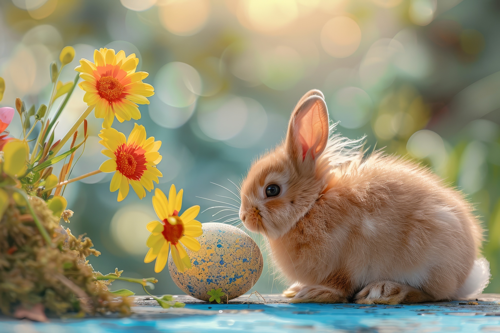 Easter bunny and colorful easter eggs on blurred background with bokeh