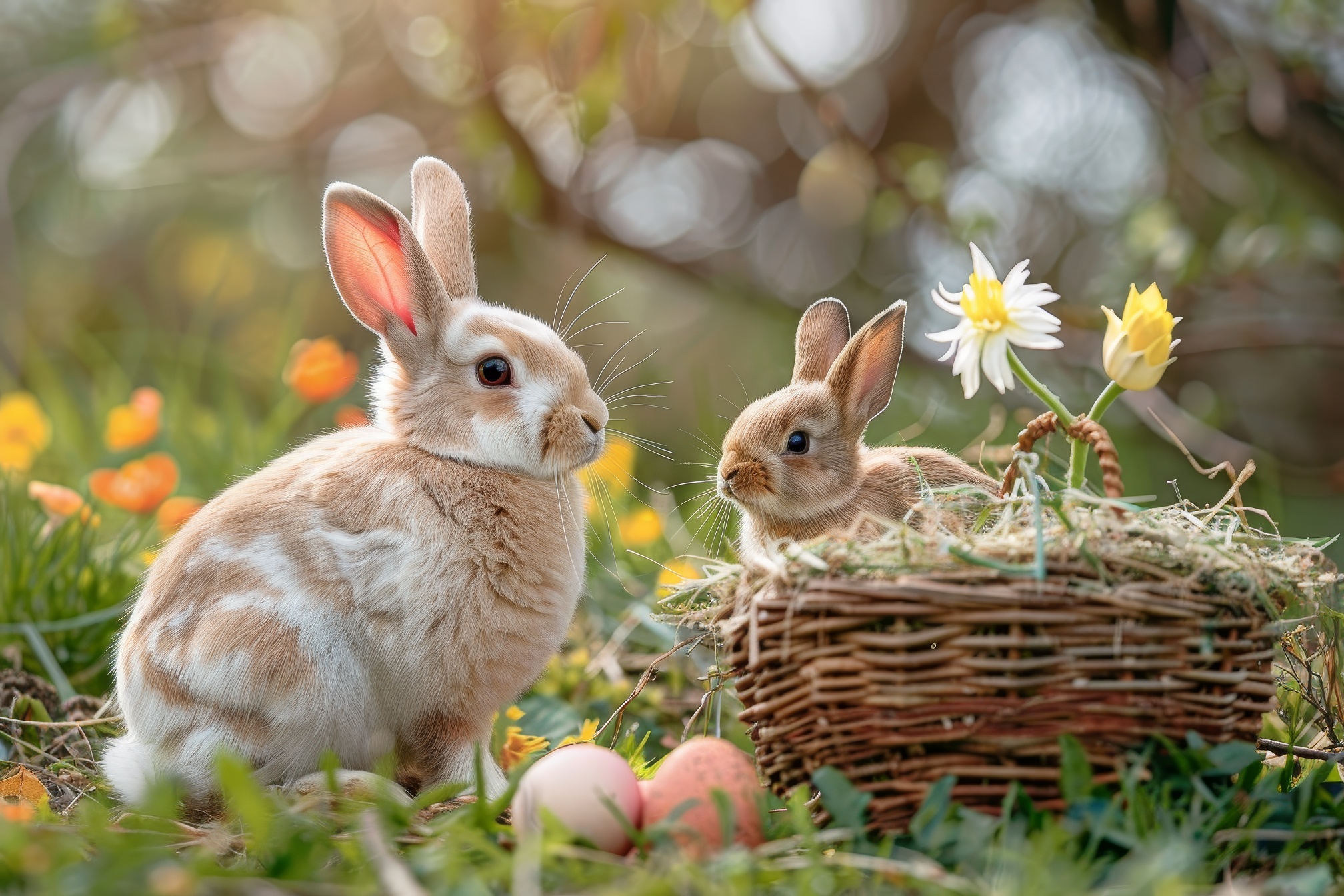 Easter bunny and colorful easter eggs on blurred background with bokeh