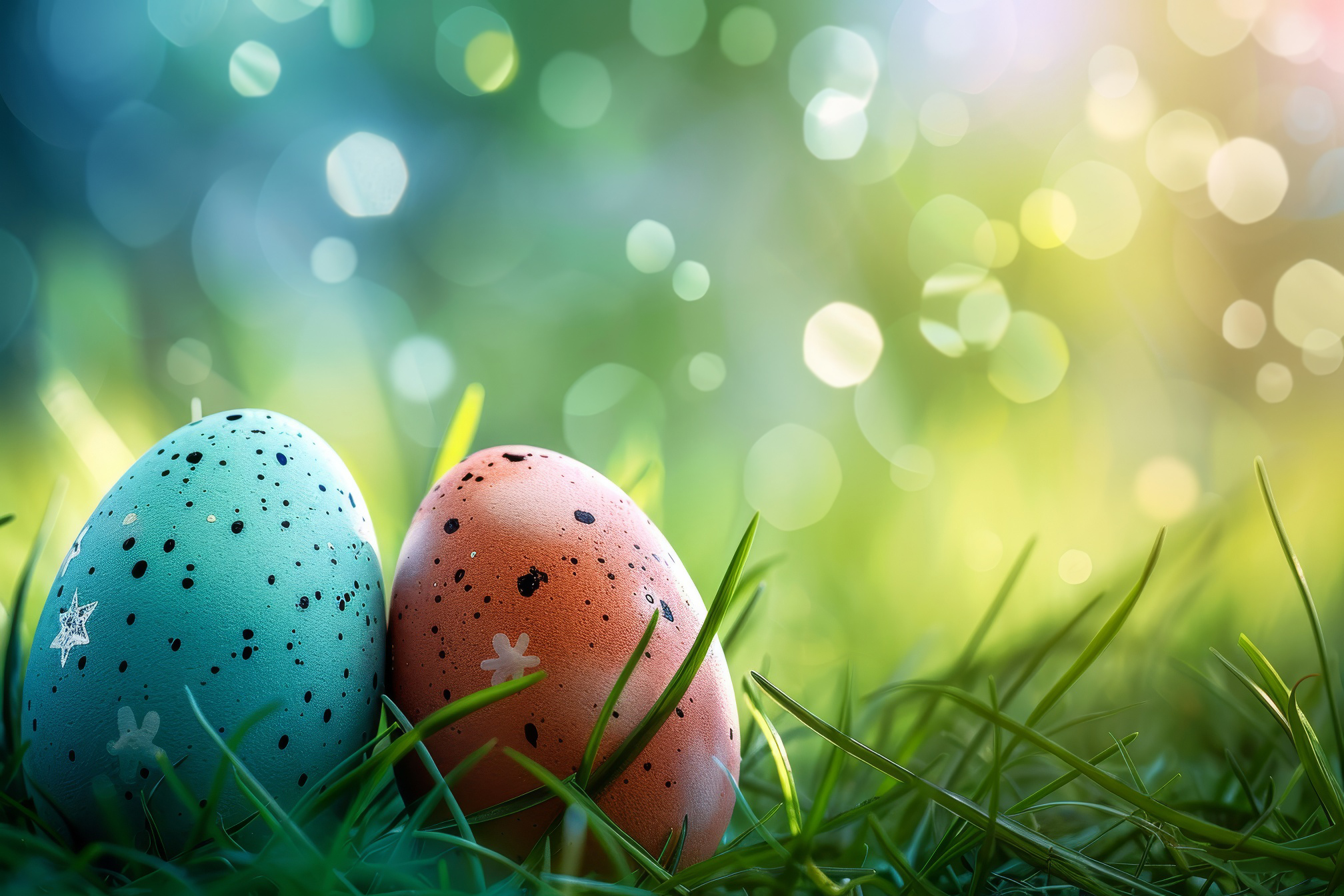 Easter colorful eggs in fresh green grass on blurred background with bokeh